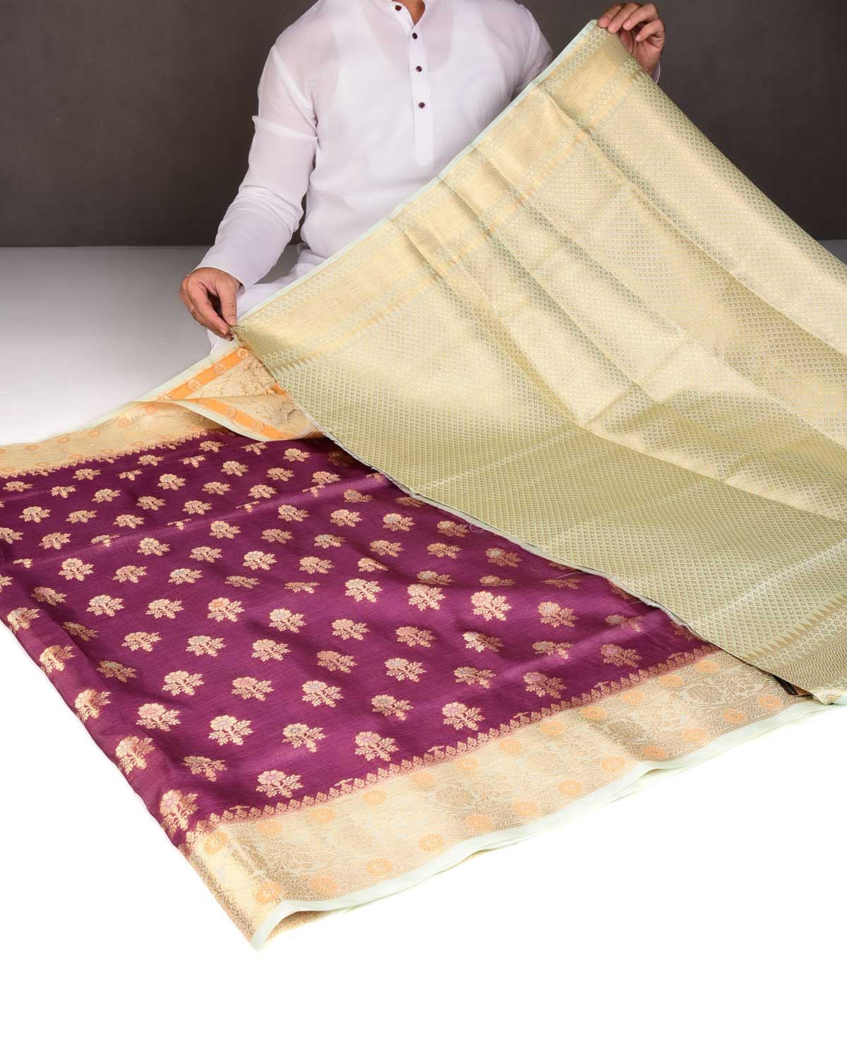 Garnet Alfi Zari & Meenekari Buti Cutwork Brocade Woven Tasar Silk Saree with Contrast Border Pallu-HolyWeaves