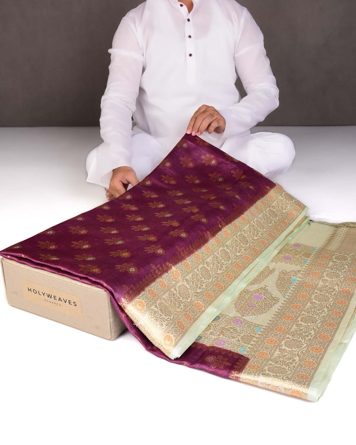 Garnet Alfi Zari & Meenekari Buti Cutwork Brocade Woven Tasar Silk Saree with Contrast Border Pallu-HolyWeaves
