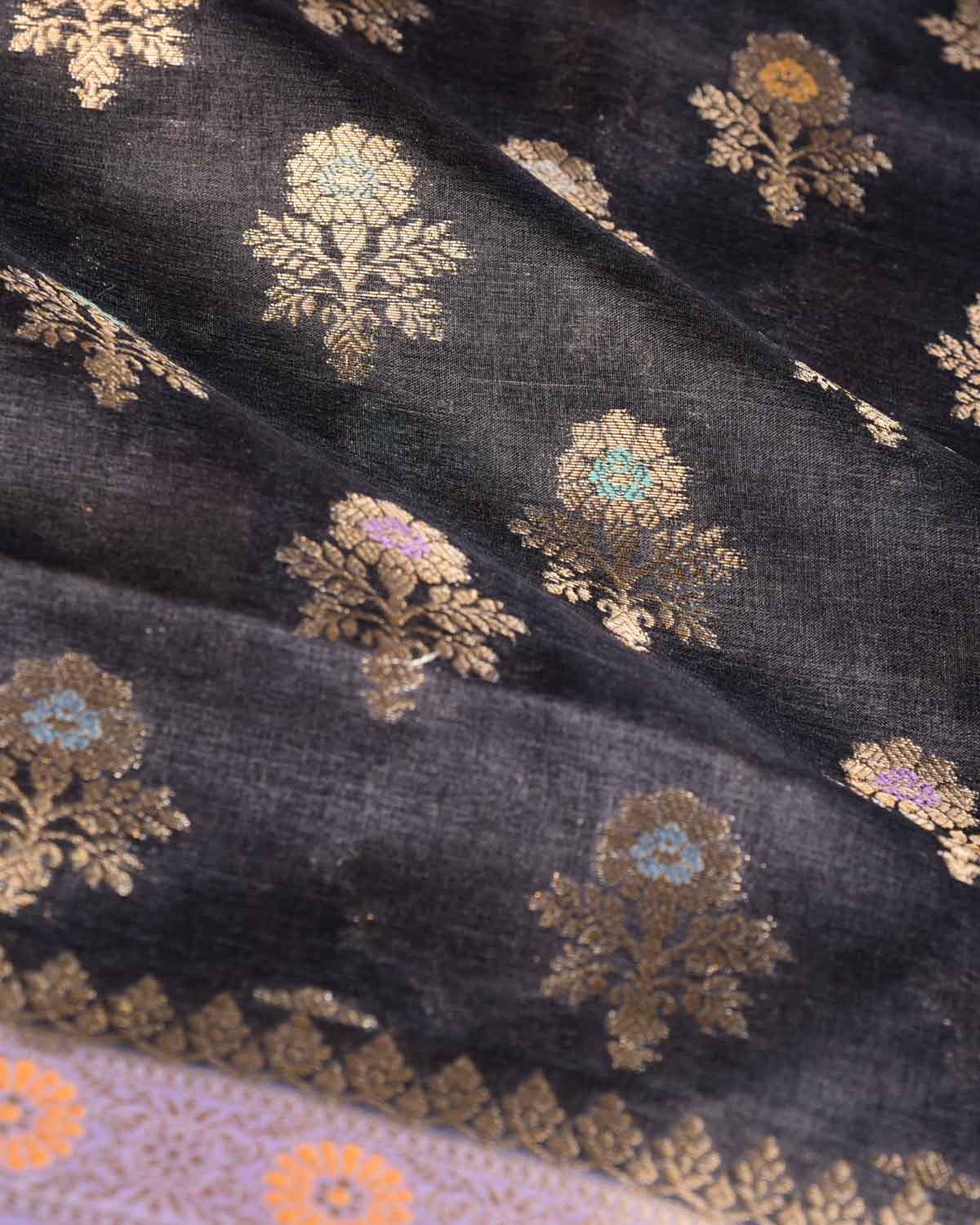 Black Alfi Zari & Meenekari Buti Cutwork Brocade Woven Tasar Silk Saree with Contrast Border Pallu-HolyWeaves