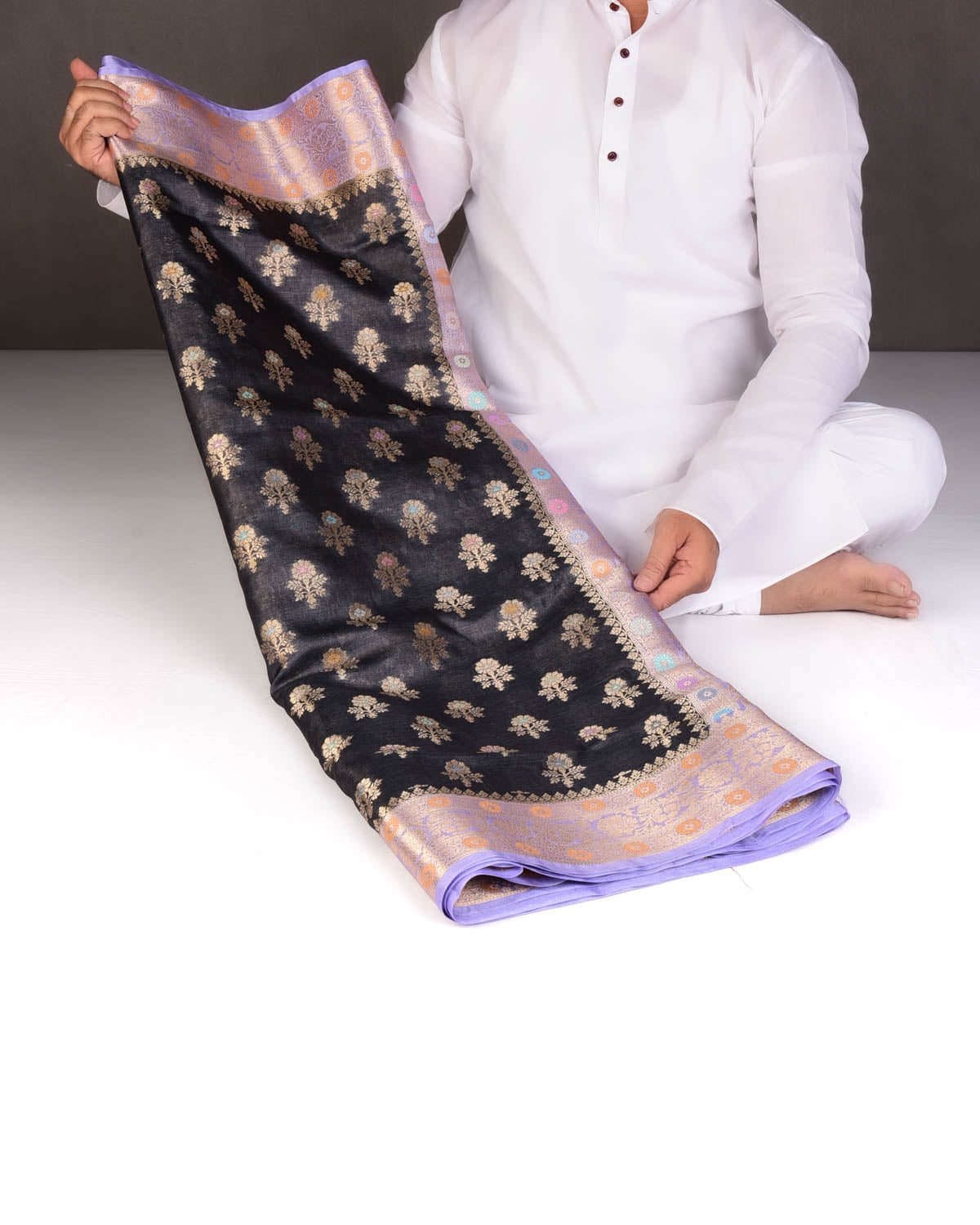 Black Alfi Zari & Meenekari Buti Cutwork Brocade Woven Tasar Silk Saree with Contrast Border Pallu-HolyWeaves