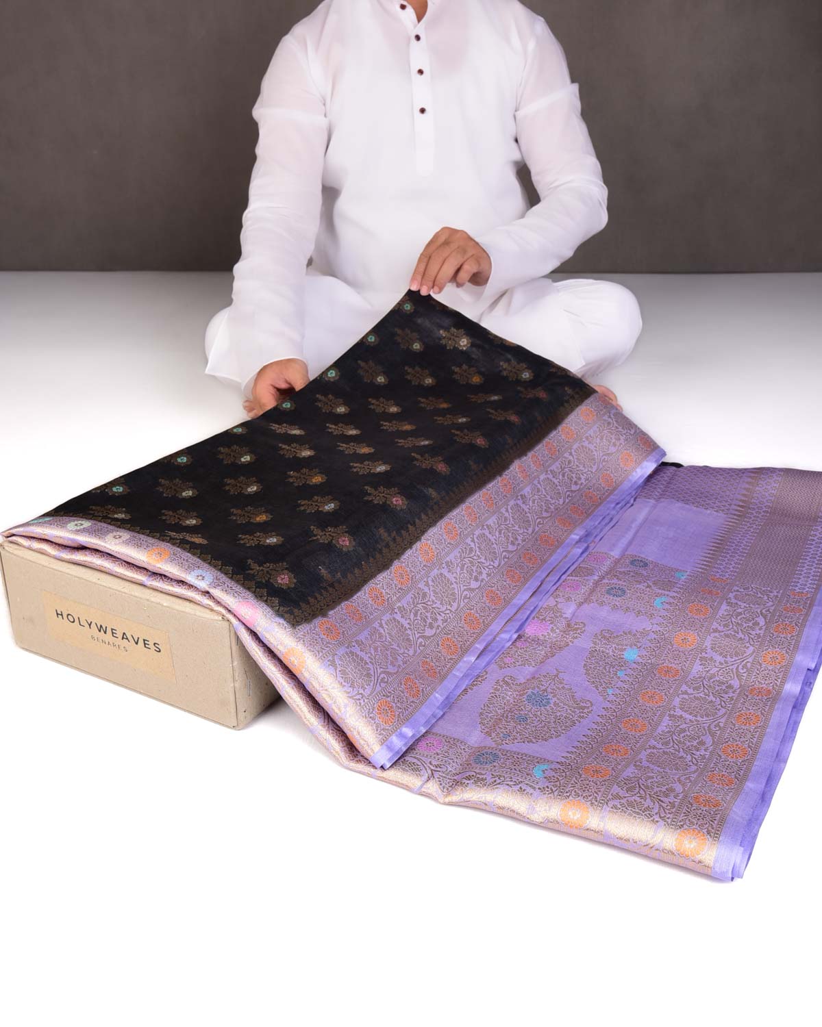 Black Alfi Zari & Meenekari Buti Cutwork Brocade Woven Tasar Silk Saree with Contrast Border Pallu-HolyWeaves