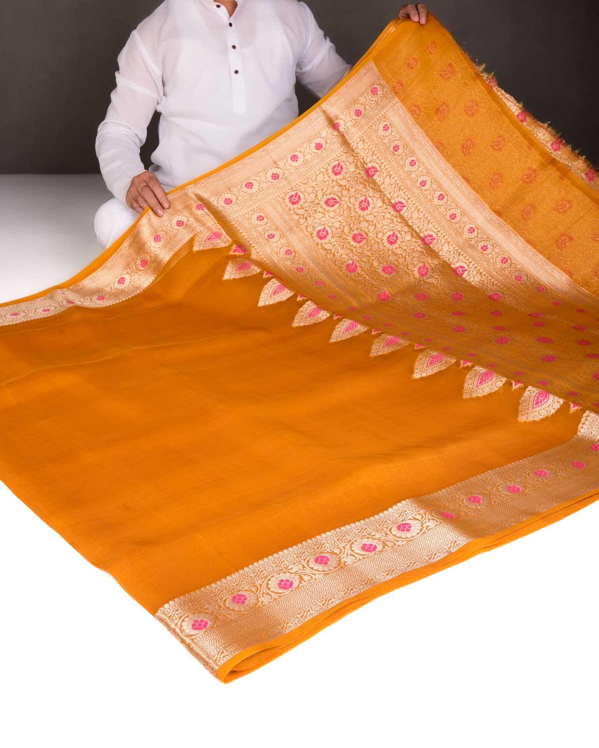 Mustard Yellow Cutwork Brocade Woven Kora Silk Saree with Gold Zari and Meenkari Border Pallu-HolyWeaves