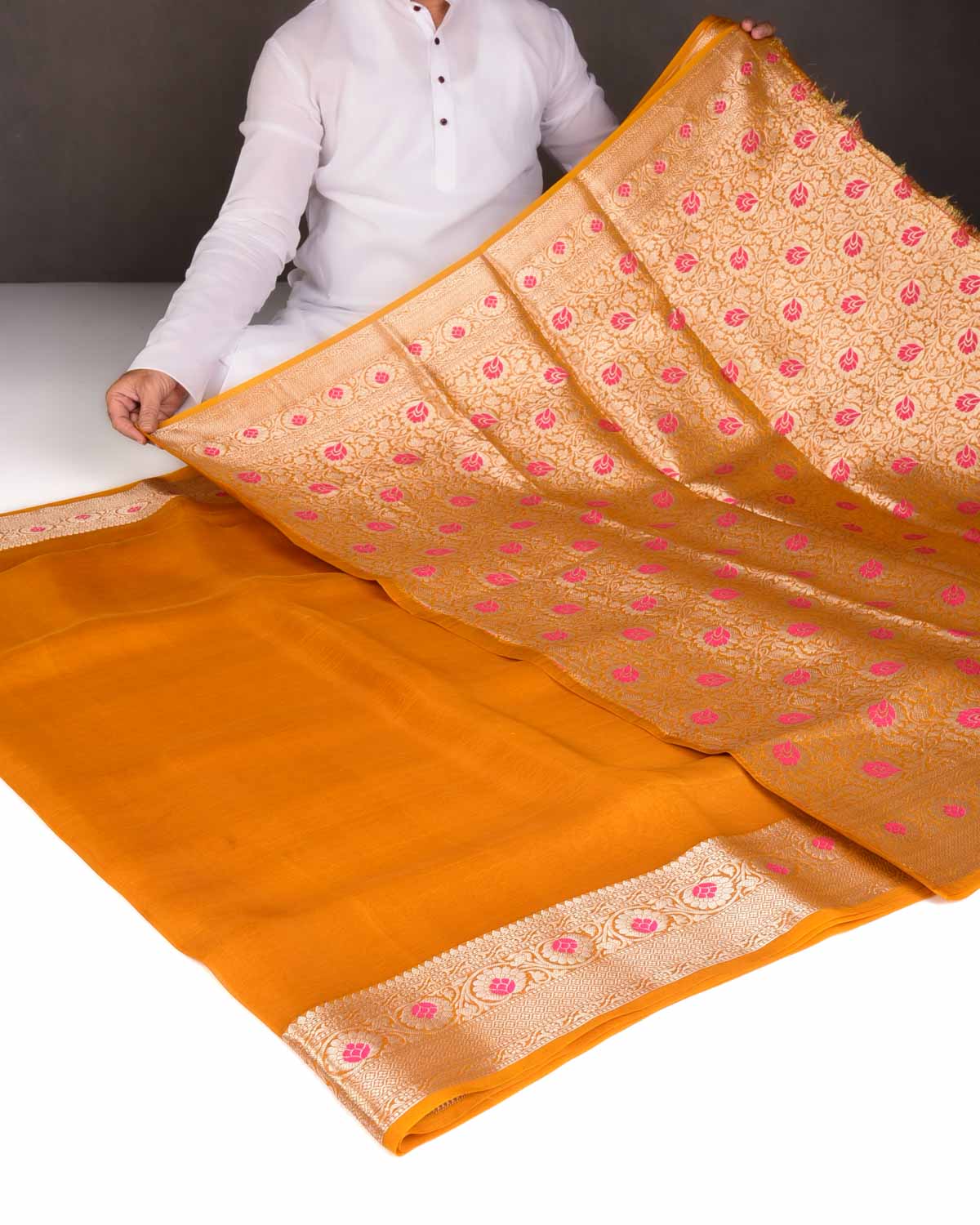 Mustard Yellow Cutwork Brocade Woven Kora Silk Saree with Gold Zari and Meenkari Border Pallu-HolyWeaves