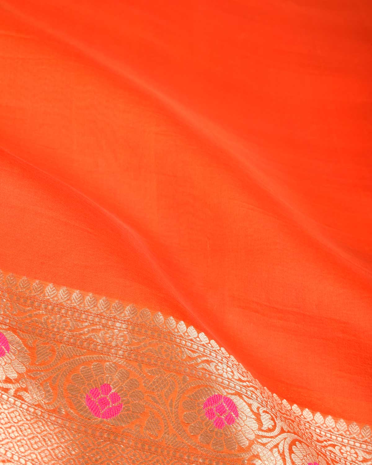 Orange Cutwork Brocade Woven Kora Silk Saree with Gold Zari and Meenkari Border Pallu-HolyWeaves