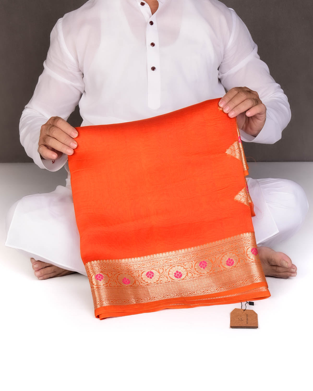Orange Cutwork Brocade Woven Kora Silk Saree with Gold Zari and Meenkari Border Pallu-HolyWeaves