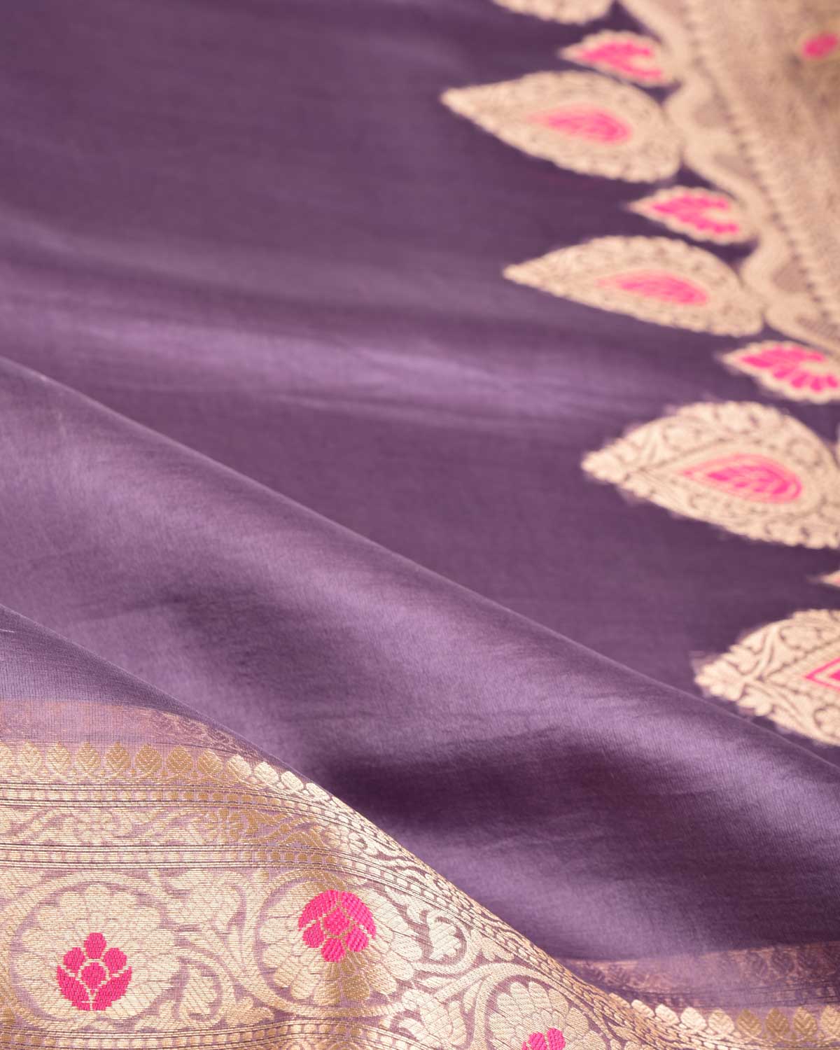 French Lilac Cutwork Brocade Woven Kora Silk Saree with Gold Zari and Meenkari Border Pallu-HolyWeaves