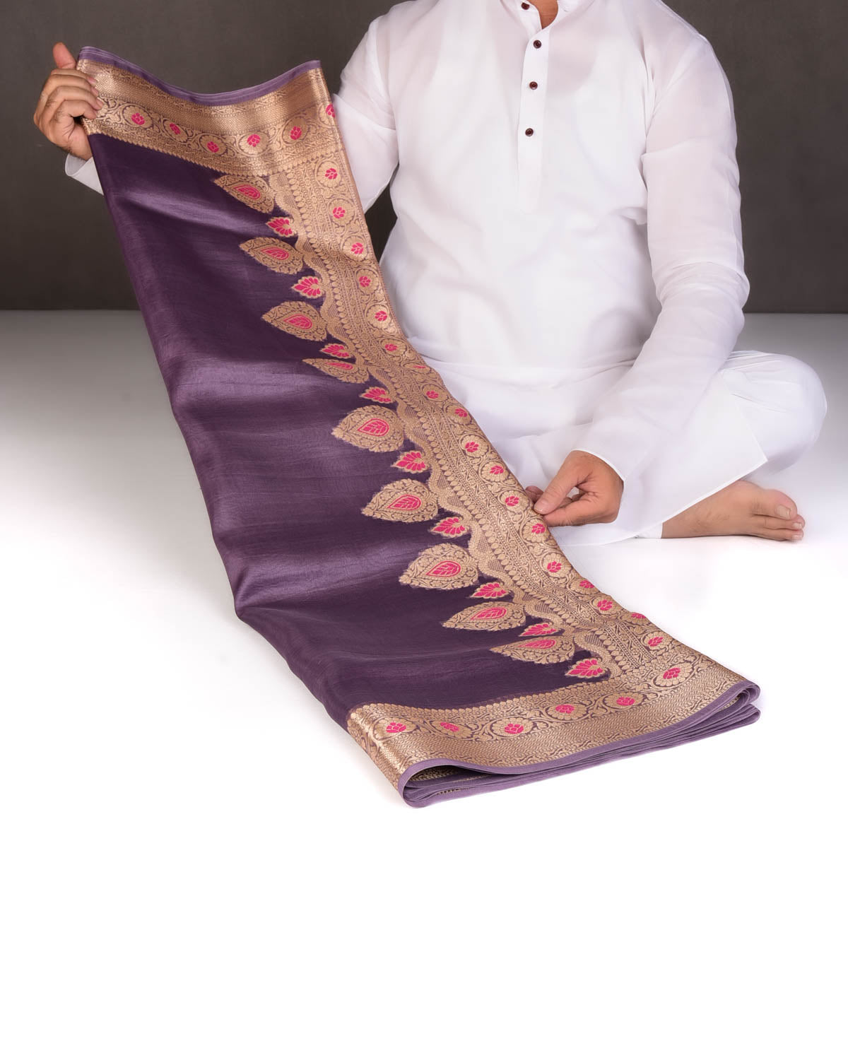 French Lilac Cutwork Brocade Woven Kora Silk Saree with Gold Zari and Meenkari Border Pallu-HolyWeaves