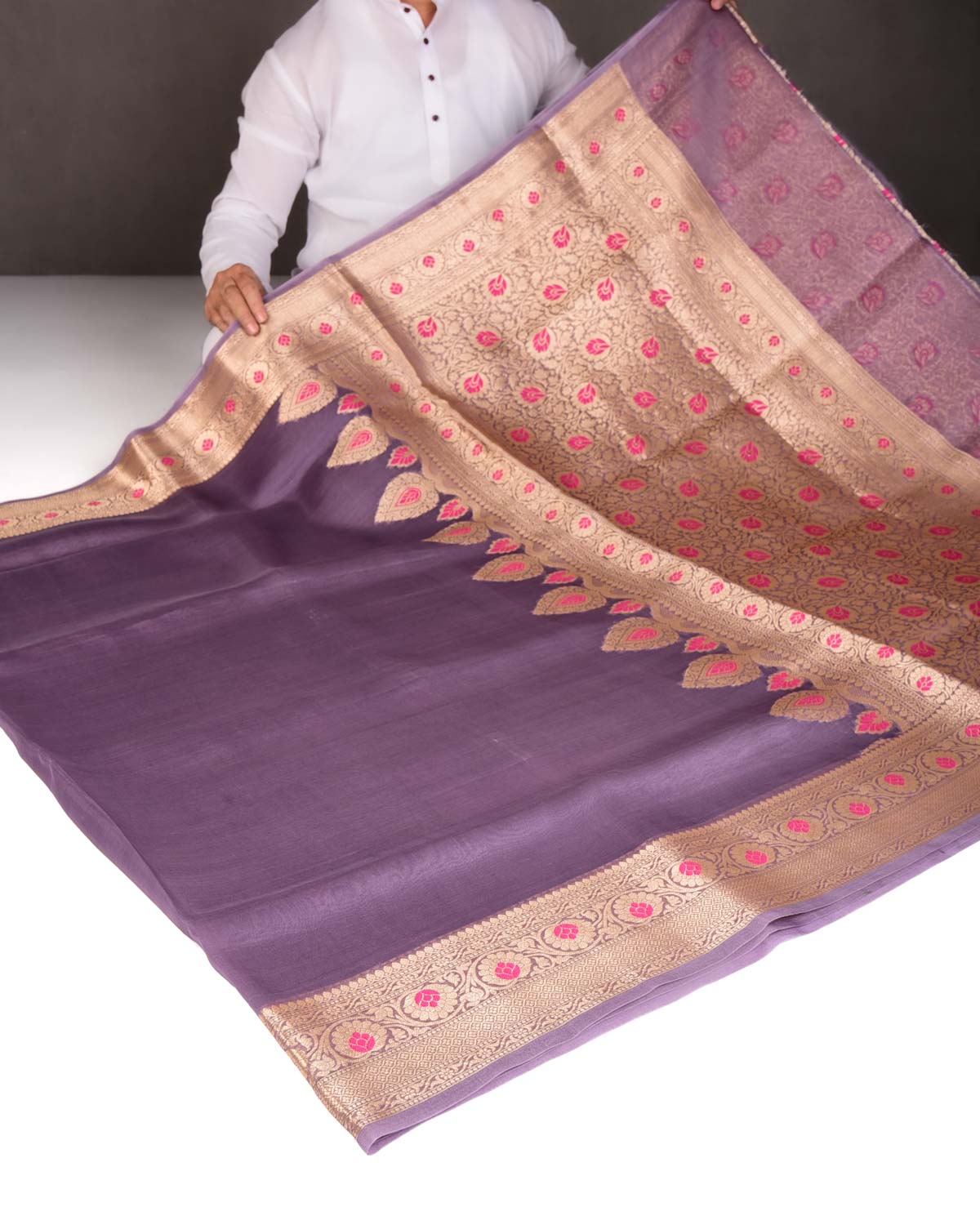 French Lilac Cutwork Brocade Woven Kora Silk Saree with Gold Zari and Meenkari Border Pallu-HolyWeaves