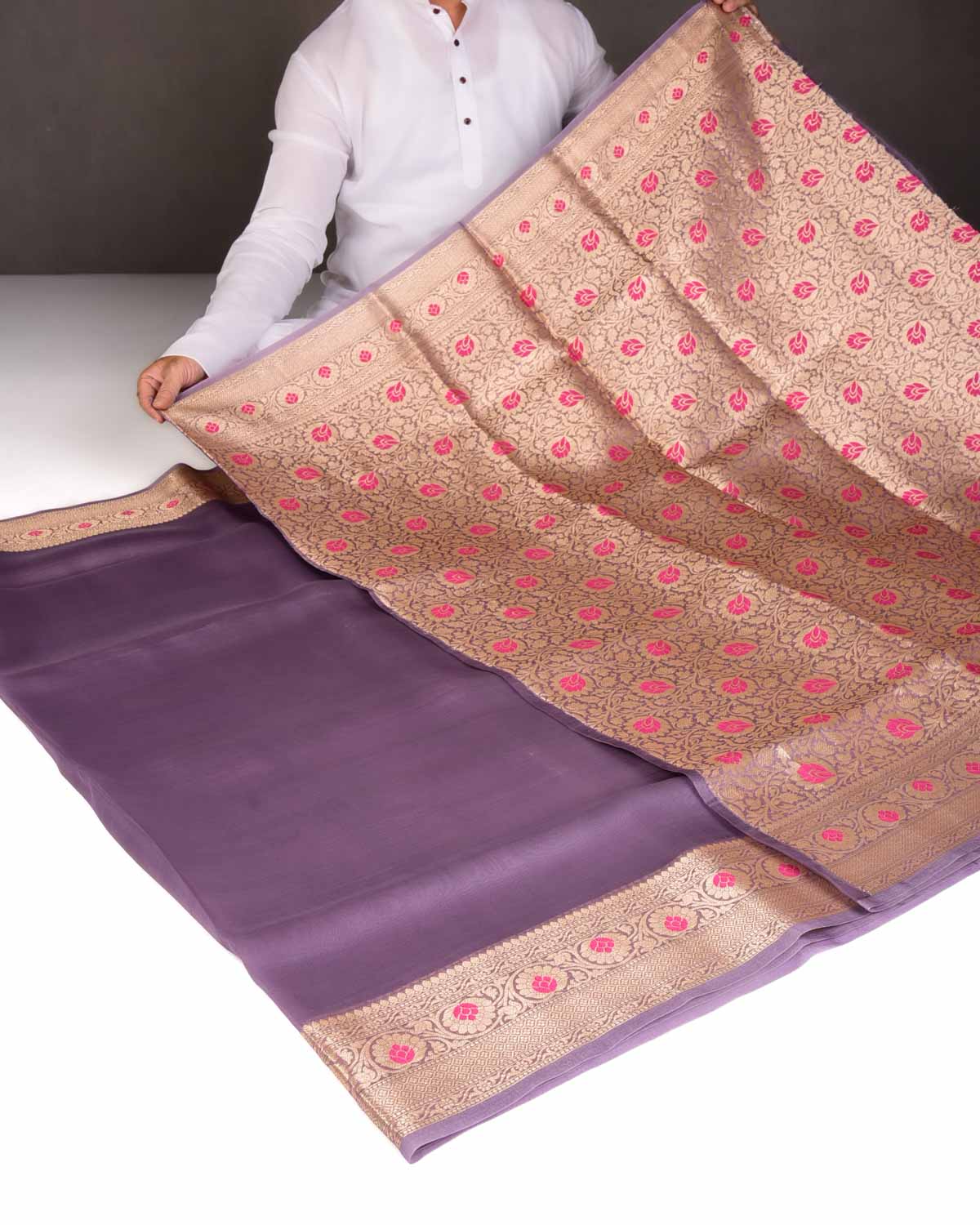 French Lilac Cutwork Brocade Woven Kora Silk Saree with Gold Zari and Meenkari Border Pallu-HolyWeaves