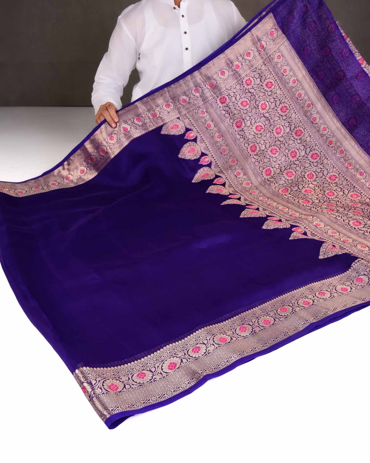 Purple Cutwork Brocade Woven Kora Silk Banarasi Saree with Gold Zari and Meenkari Border Pallu