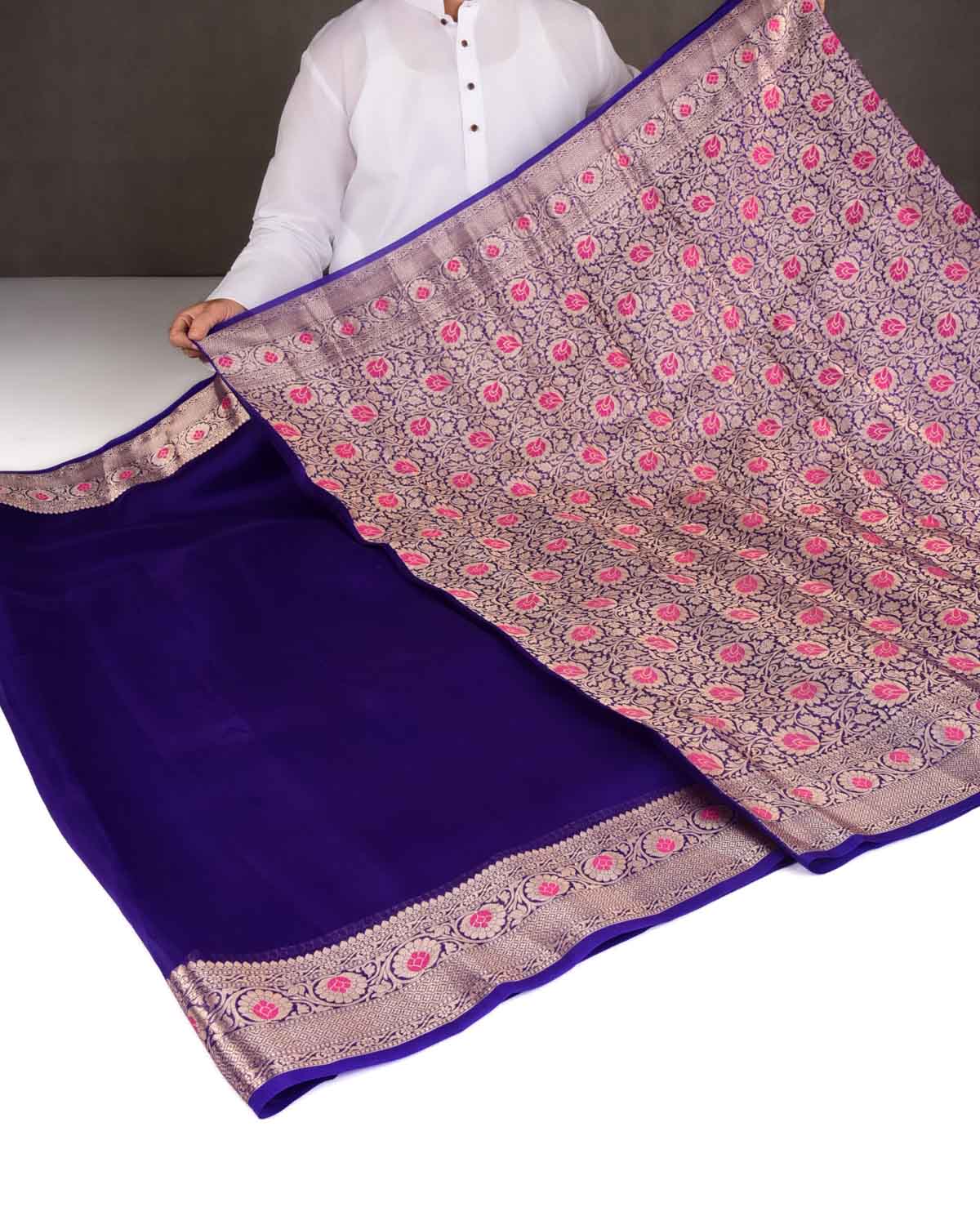 Purple Cutwork Brocade Woven Kora Silk Banarasi Saree with Gold Zari and Meenkari Border Pallu