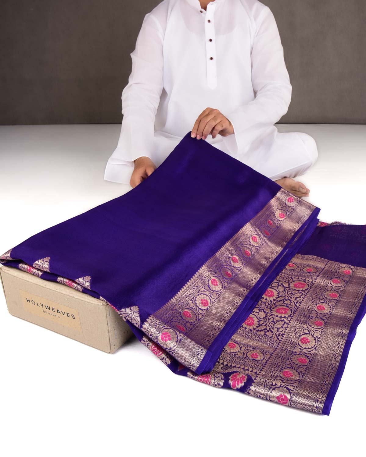 Purple Cutwork Brocade Woven Kora Silk Banarasi Saree with Gold Zari and Meenkari Border Pallu