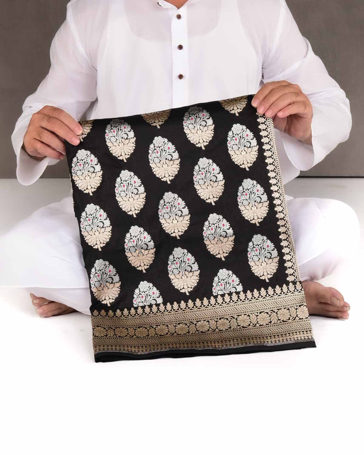 Black Alfi Gold & Silver Zari Buta Cutwork Brocade Handwoven Katan Silk Banarasi Saree