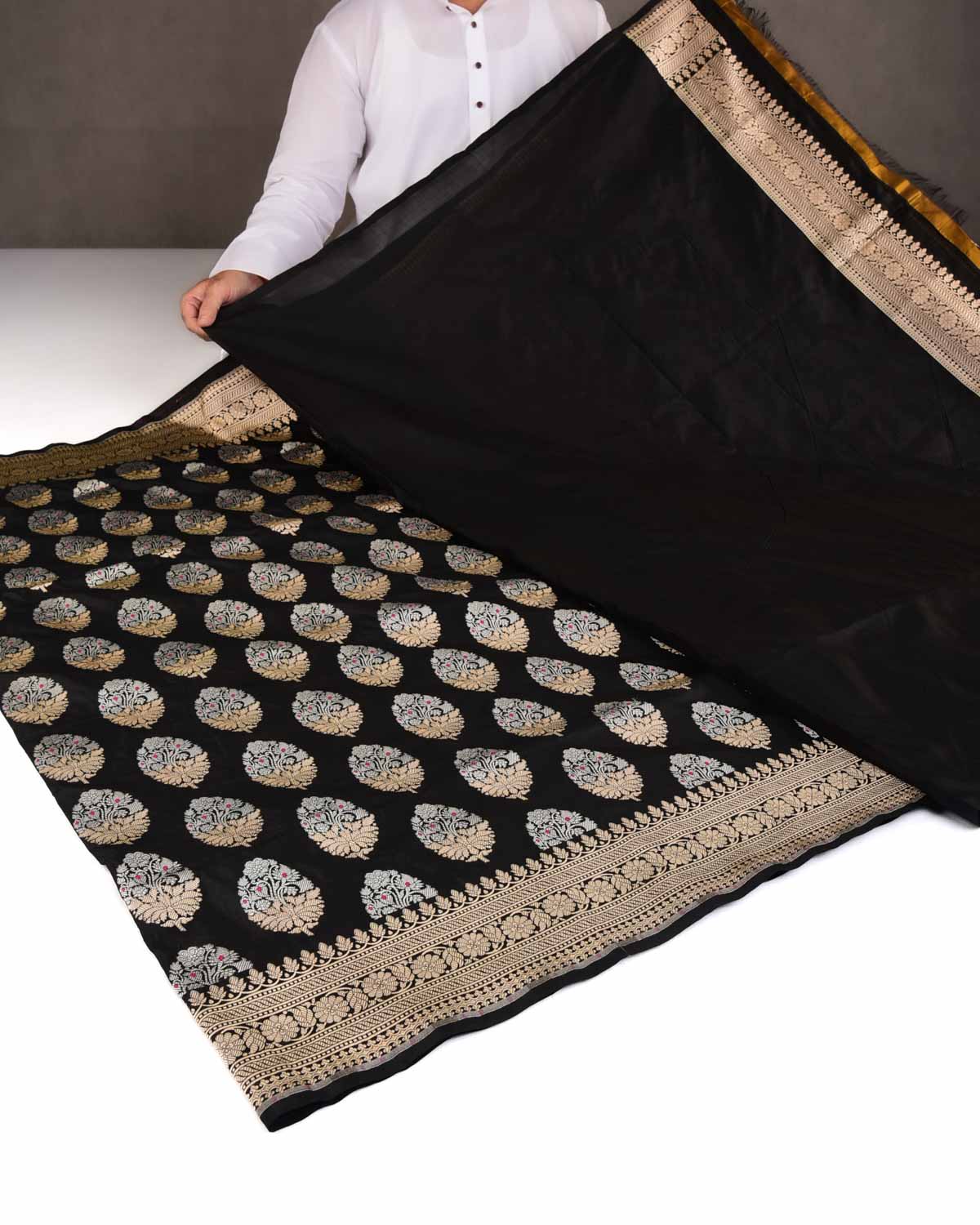 Black Alfi Gold & Silver Zari Buta Cutwork Brocade Handwoven Katan Silk Banarasi Saree