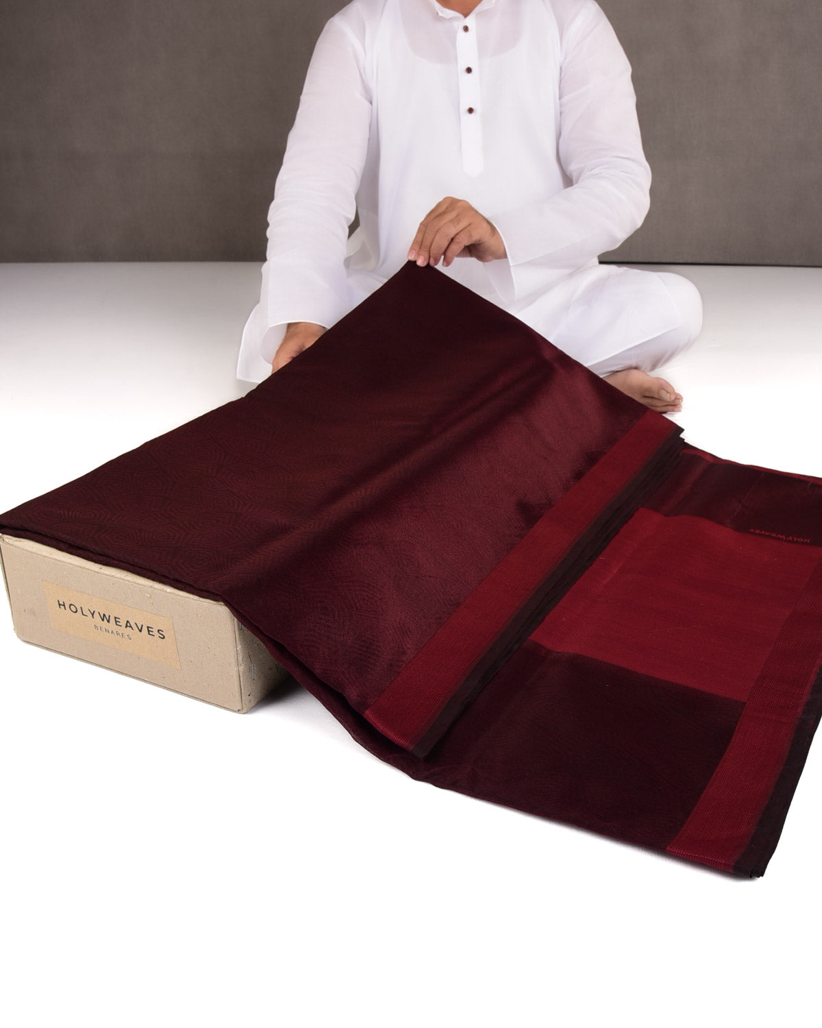 Sangria Maroon WATERMARK Illusion Honeycomb Handwoven Handwoven Kora Silk Banarasi Saree-HolyWeaves