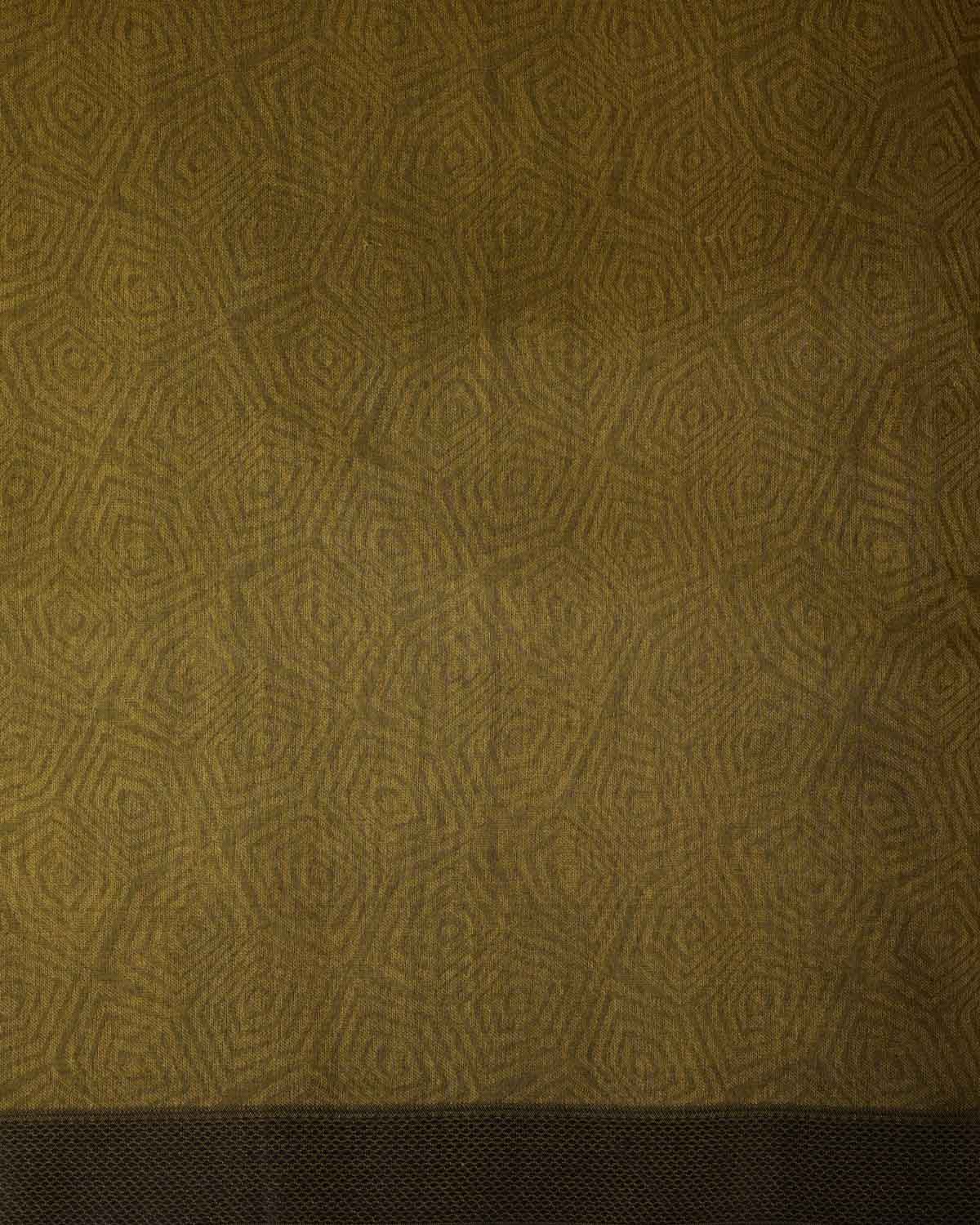 Olive Green WATERMARK Illusion Honeycomb Handwoven Handwoven Kora Silk Banarasi Saree-HolyWeaves