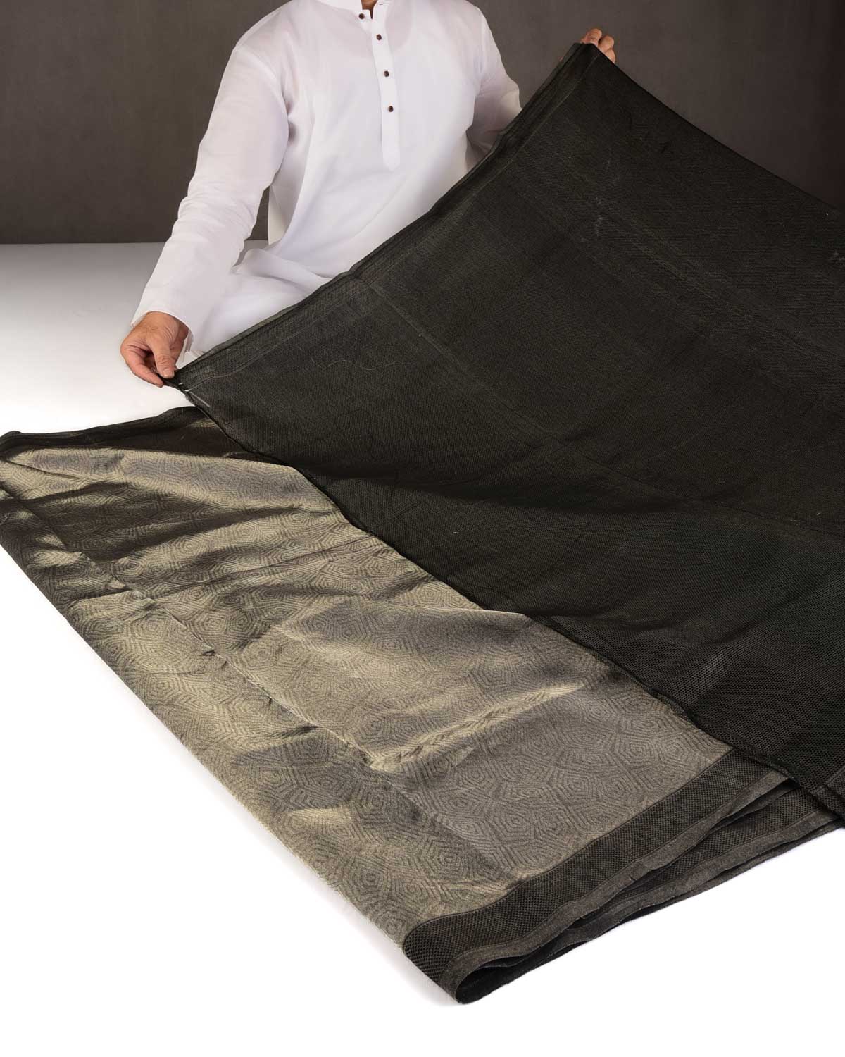 Metallic Silver WATERMARK Illusion Honeycomb Handwoven Handwoven Kora Tissue Banarasi Saree-HolyWeaves