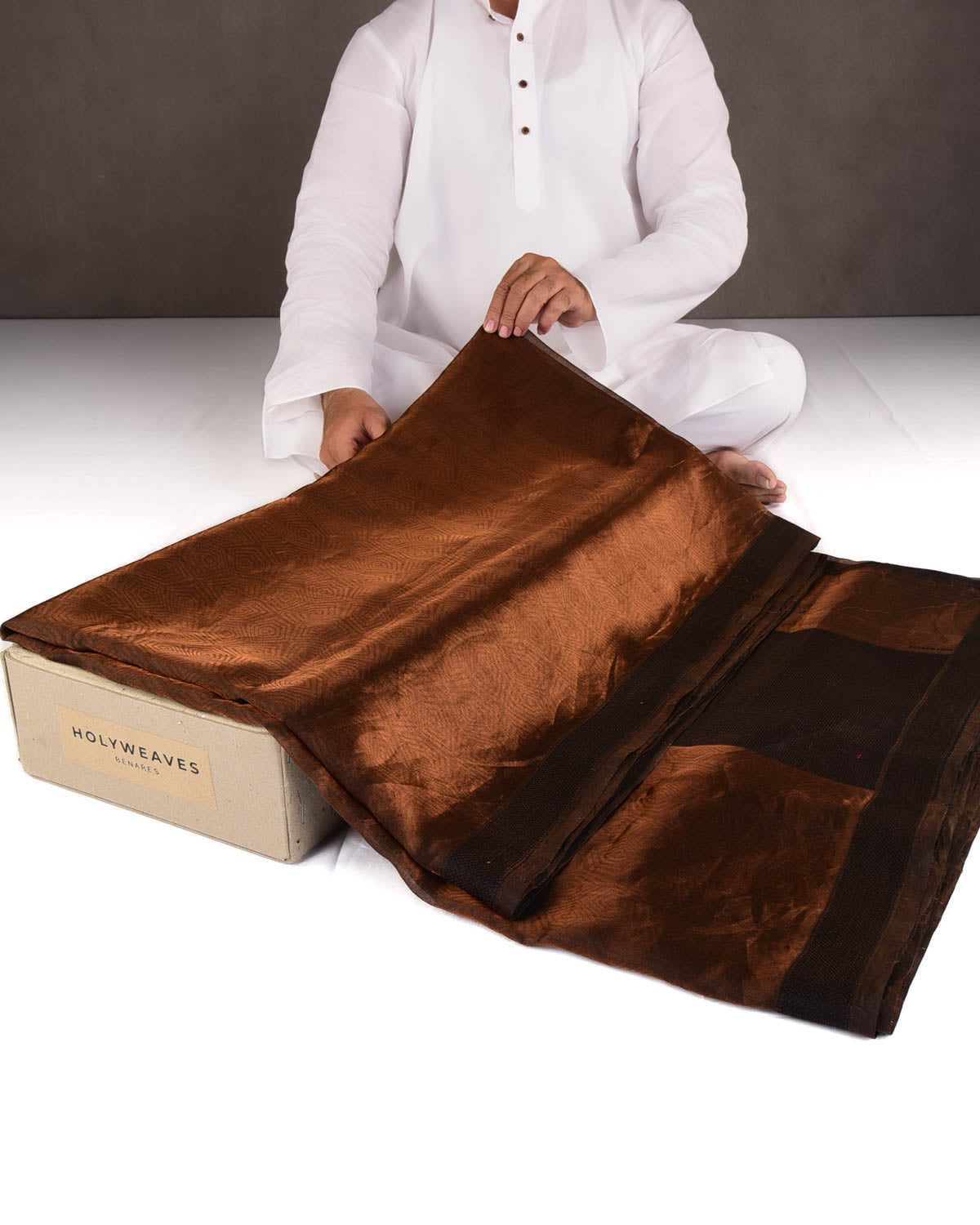 Metallic Antique Bronze WATERMARK Illusion Honeycomb Brocade Handwoven Kora Tissue Banarasi Saree