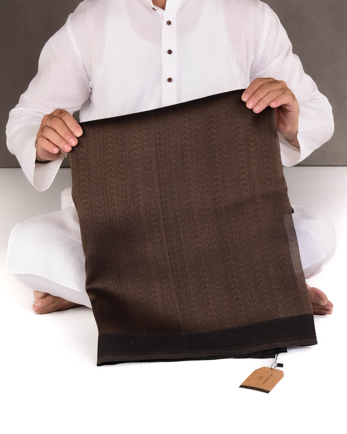 Brown WATERMARK Illusion Waves Tanchoi Handwoven Kora Silk Banarasi Saree-HolyWeaves