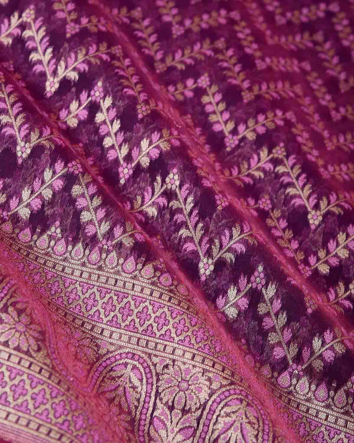 Pink On Magenta Chevron Gold Zari Cutwork Brocade Woven Cotton Silk Banarasi Saree-HolyWeaves