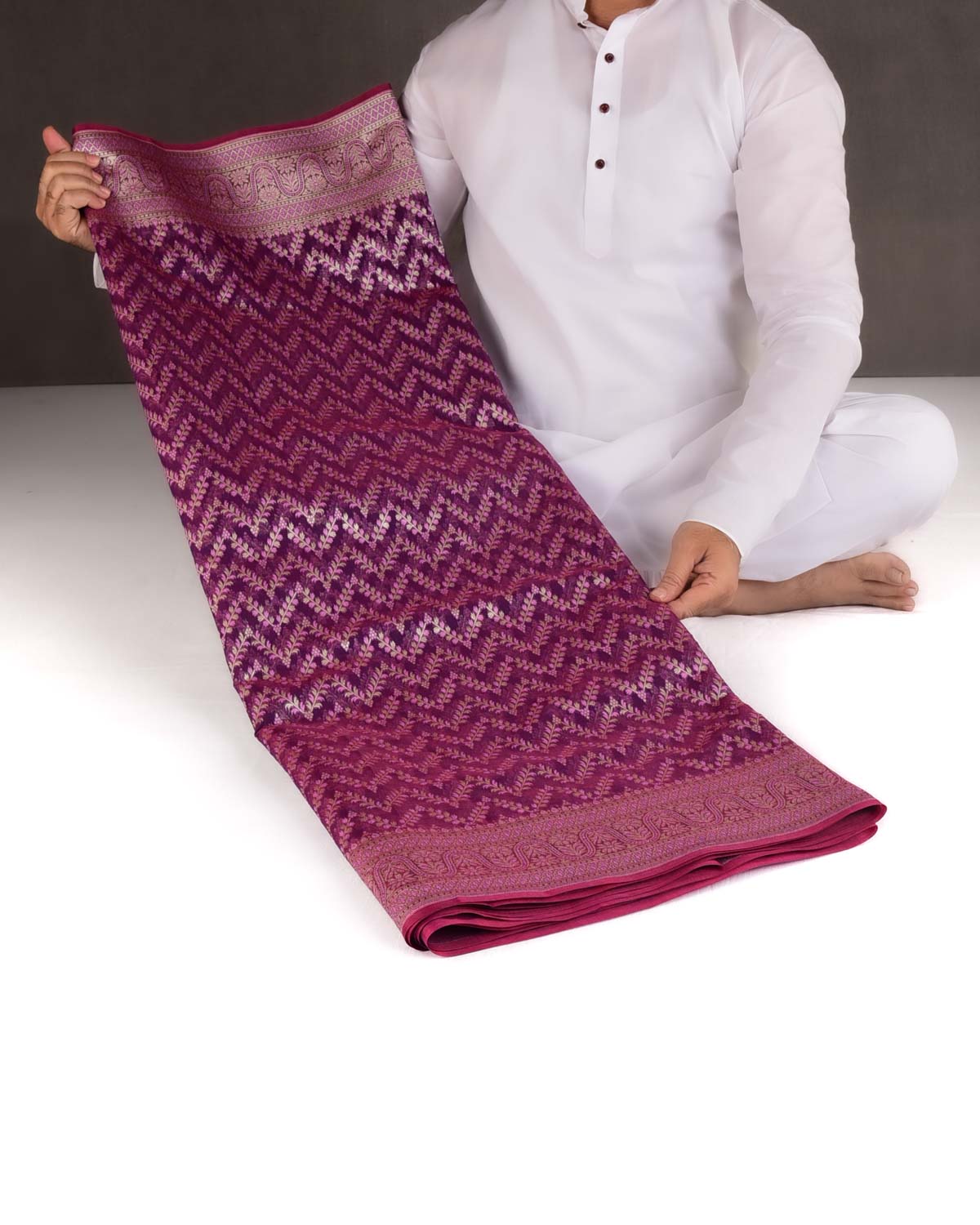 Pink On Magenta Chevron Gold Zari Cutwork Brocade Woven Cotton Silk Banarasi Saree-HolyWeaves