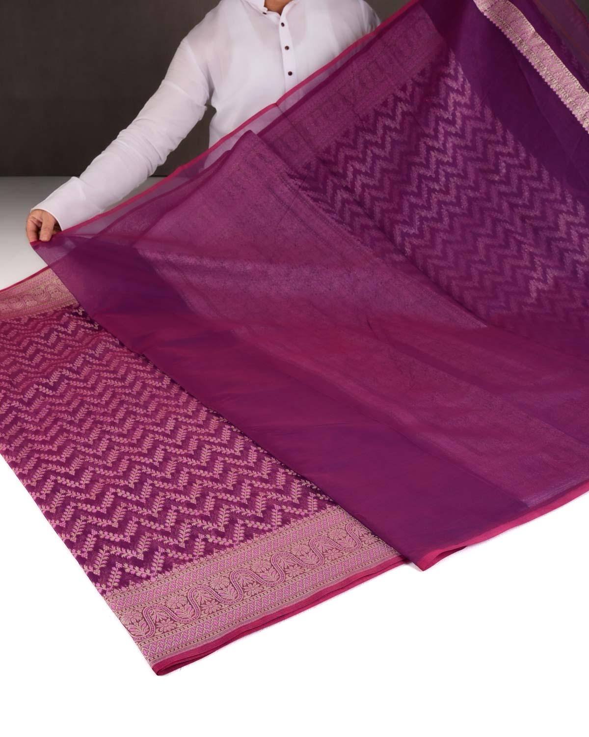 Pink On Magenta Chevron Gold Zari Cutwork Brocade Woven Cotton Silk Banarasi Saree-HolyWeaves