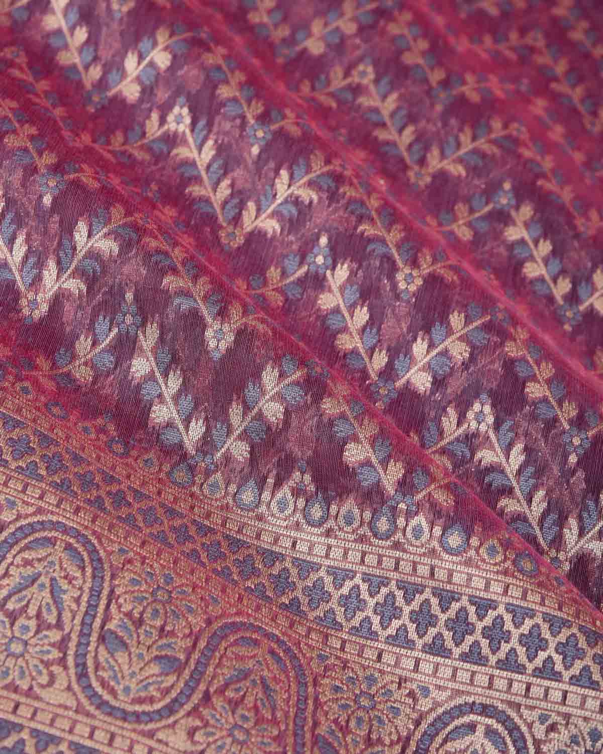 Gray On Magenta Chevron Gold Zari Cutwork Brocade Woven Cotton Silk Banarasi Saree-HolyWeaves