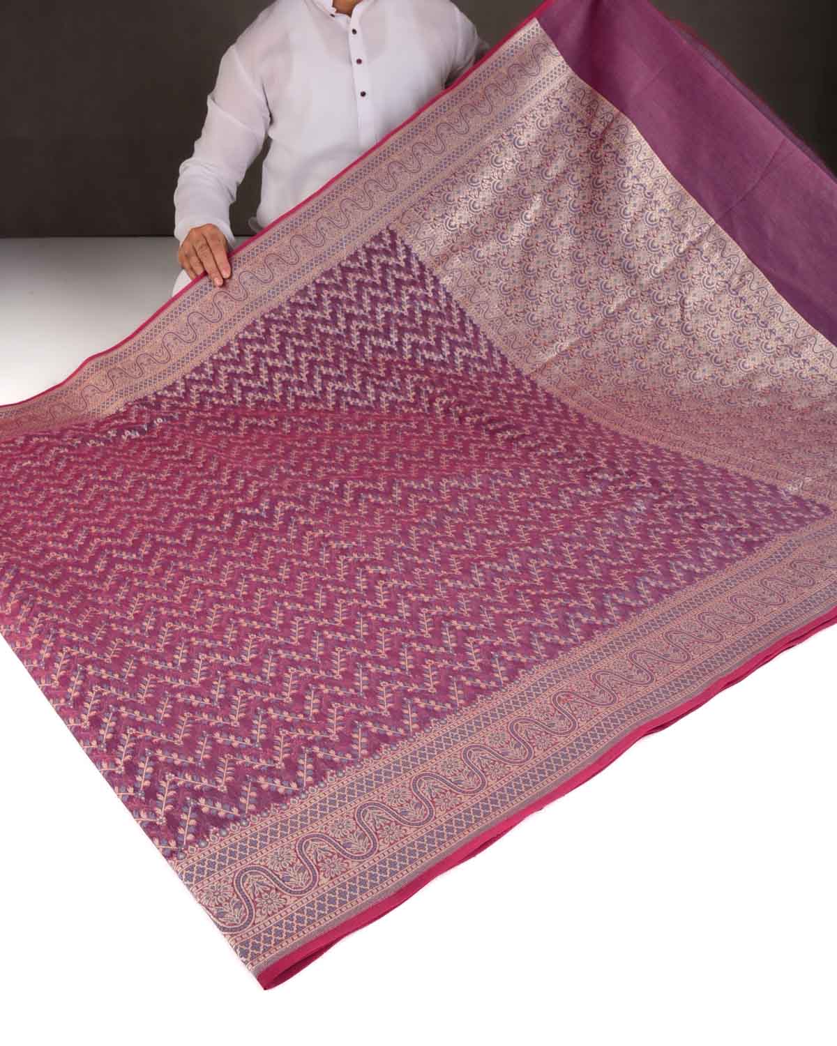 Gray On Magenta Chevron Gold Zari Cutwork Brocade Woven Cotton Silk Banarasi Saree-HolyWeaves