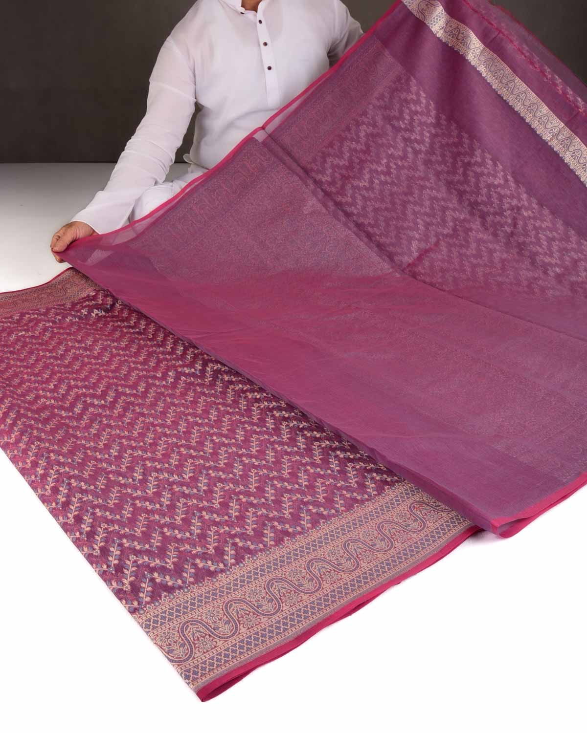 Gray On Magenta Chevron Gold Zari Cutwork Brocade Woven Cotton Silk Banarasi Saree-HolyWeaves