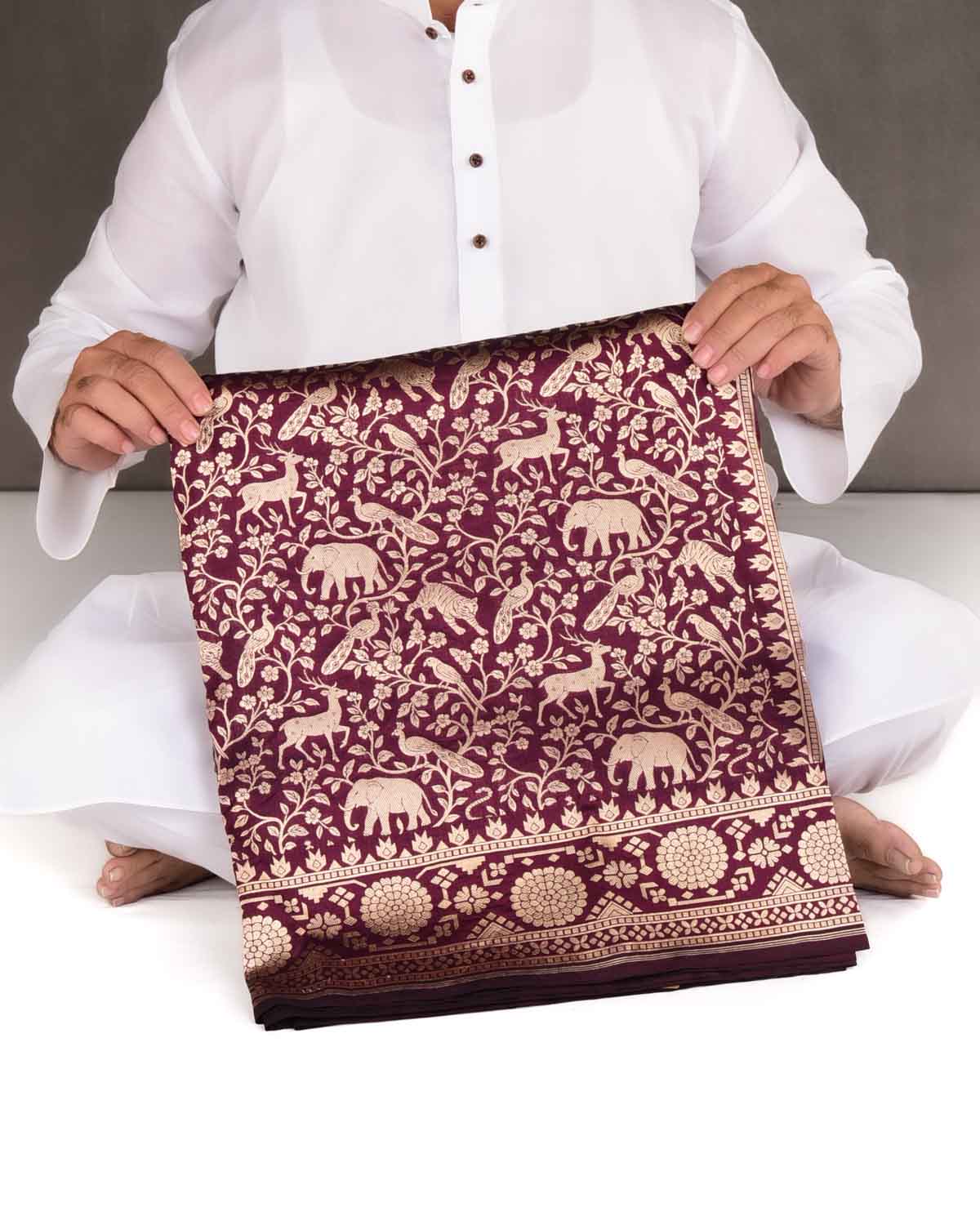 Burgundy Shikargah Cutwork Brocade Handwoven Katan Silk Banarasi Saree