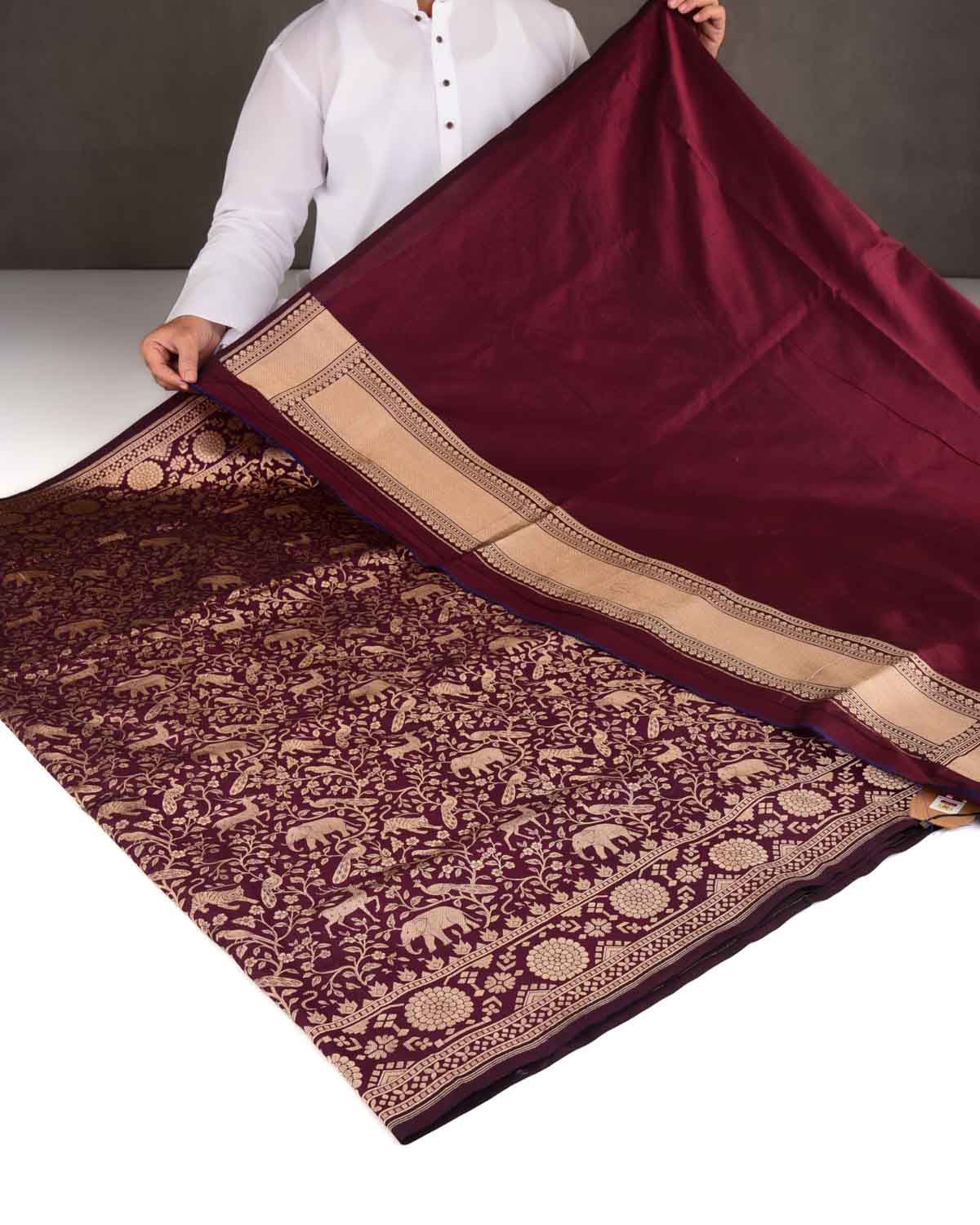 Burgundy Shikargah Cutwork Brocade Handwoven Katan Silk Banarasi Saree