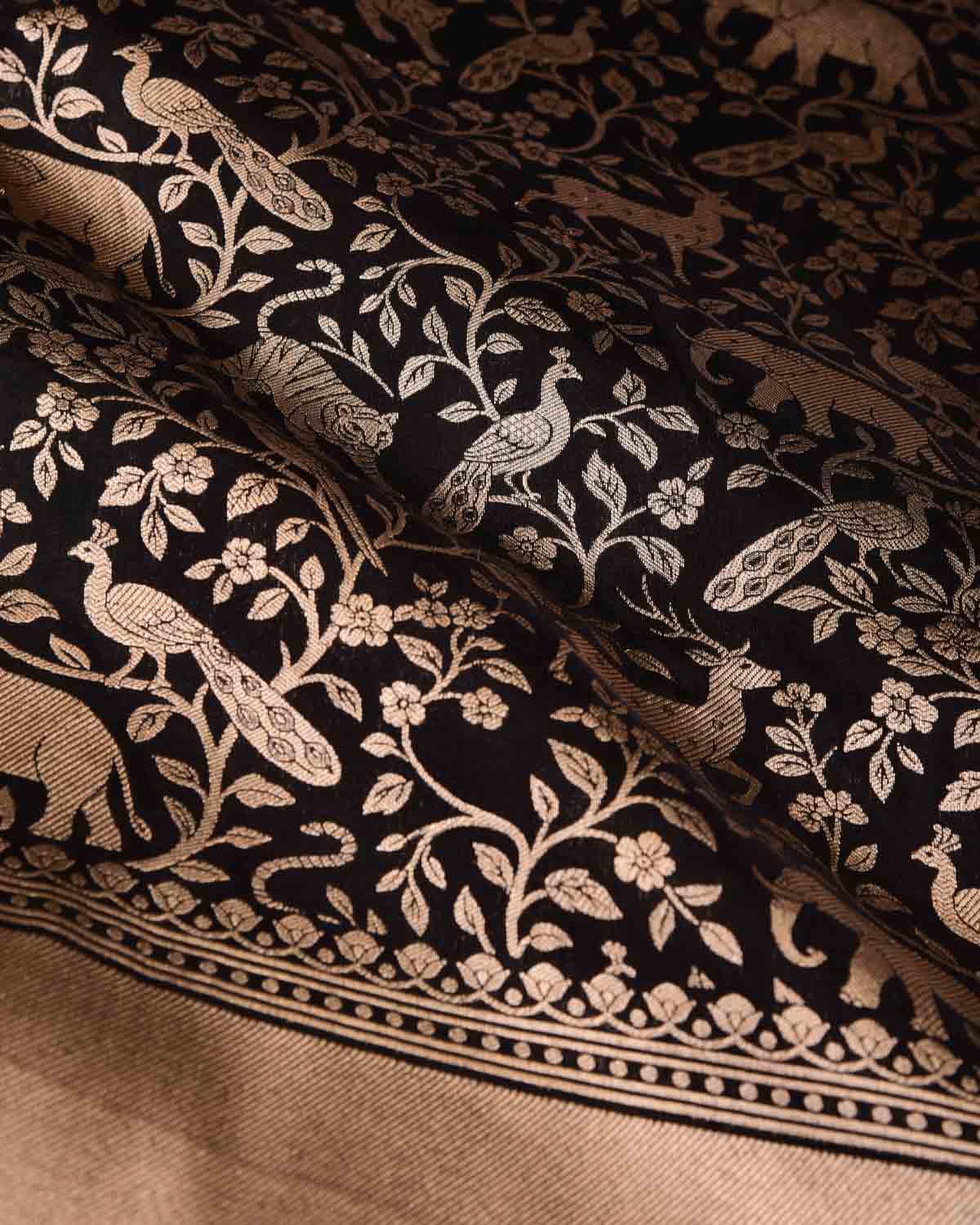 Black Shikargah Cutwork Brocade Handwoven Katan Silk Banarasi Saree-HolyWeaves