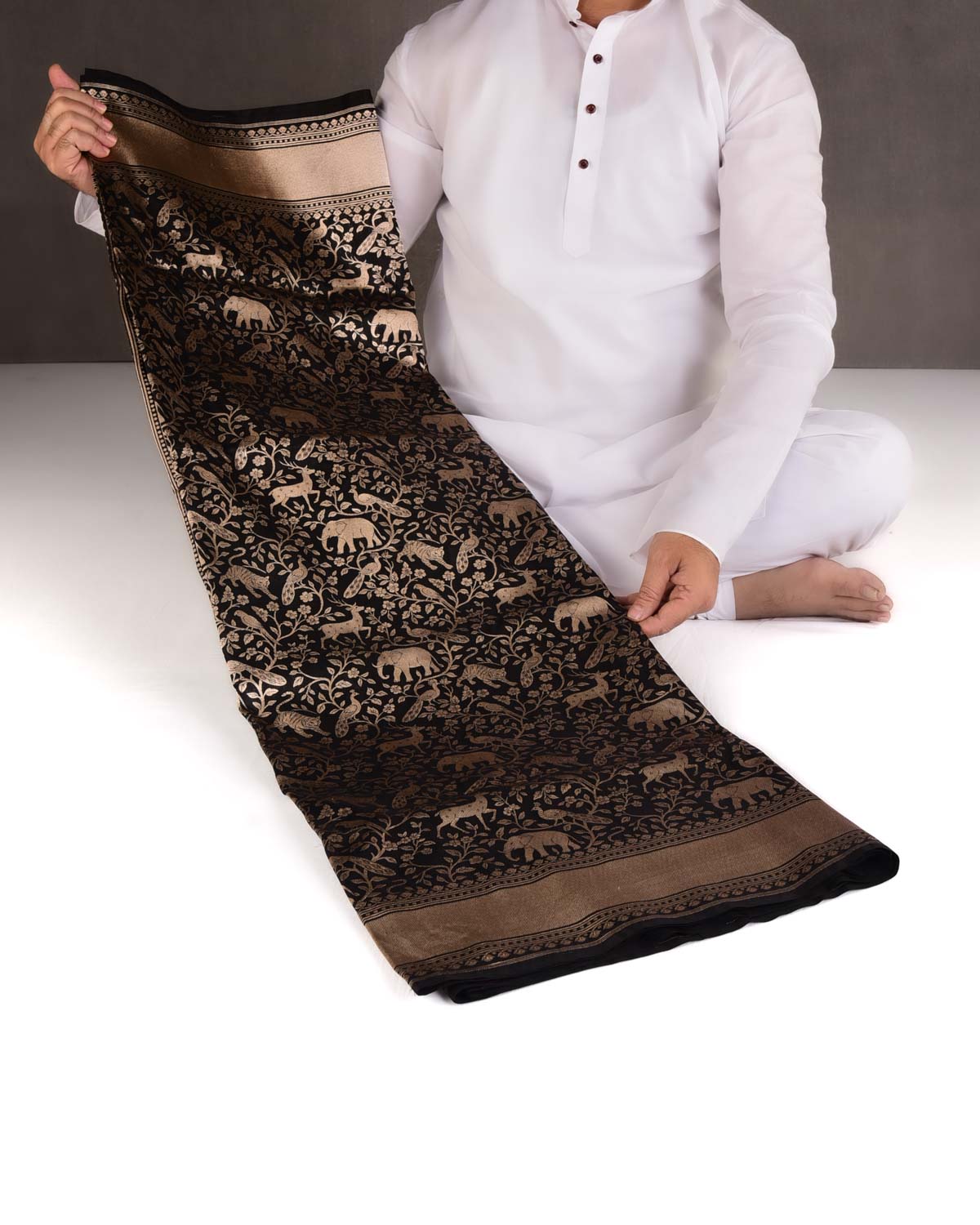 Black Shikargah Cutwork Brocade Handwoven Katan Silk Banarasi Saree-HolyWeaves