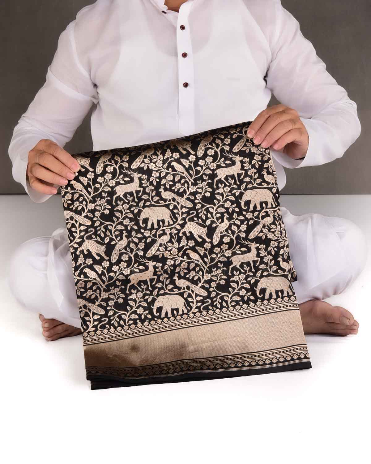 Black Shikargah Cutwork Brocade Handwoven Katan Silk Banarasi Saree-HolyWeaves