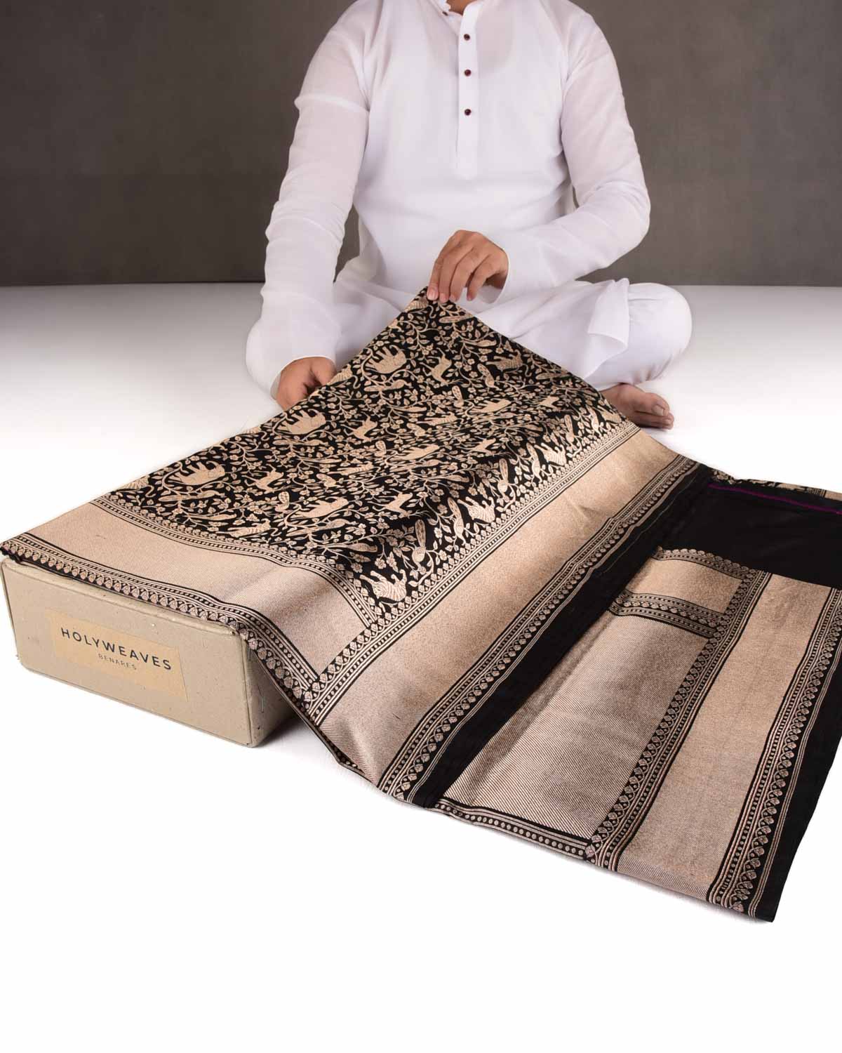 Black Shikargah Cutwork Brocade Handwoven Katan Silk Banarasi Saree-HolyWeaves