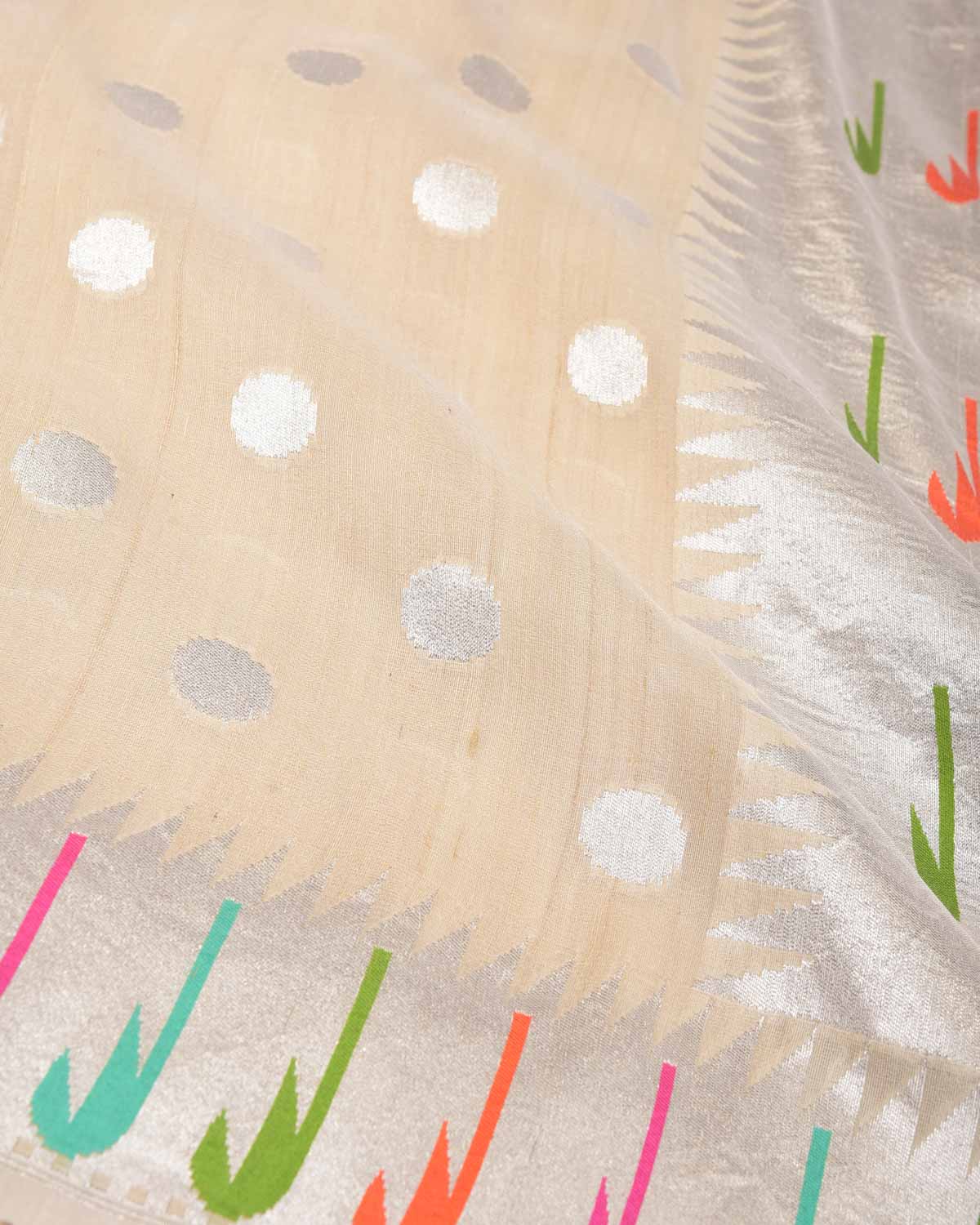 Beige Silver Zari Polka Buti Cutwork Brocade Handwoven Tasar Georgette Banarasi Saree with Meenekari Chhadi Border Pallu-HolyWeaves