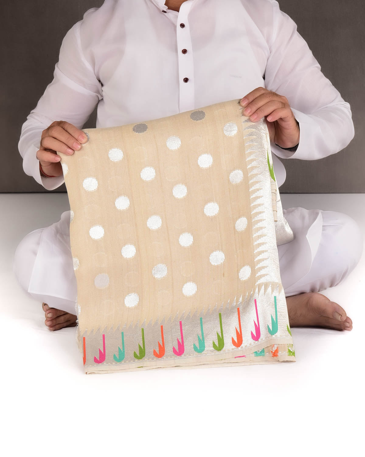 Beige Silver Zari Polka Buti Cutwork Brocade Handwoven Tasar Georgette Banarasi Saree with Meenekari Chhadi Border Pallu-HolyWeaves