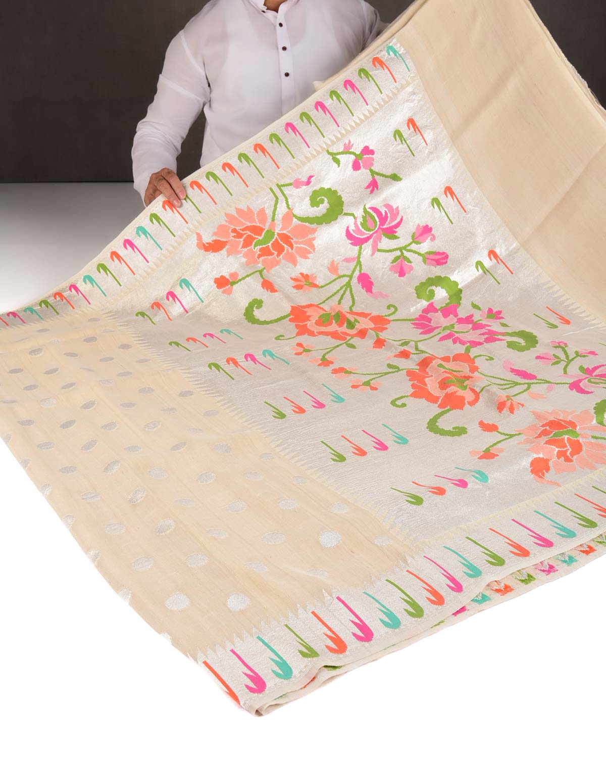 Beige Silver Zari Polka Buti Cutwork Brocade Handwoven Tasar Georgette Banarasi Saree with Meenekari Chhadi Border Pallu-HolyWeaves
