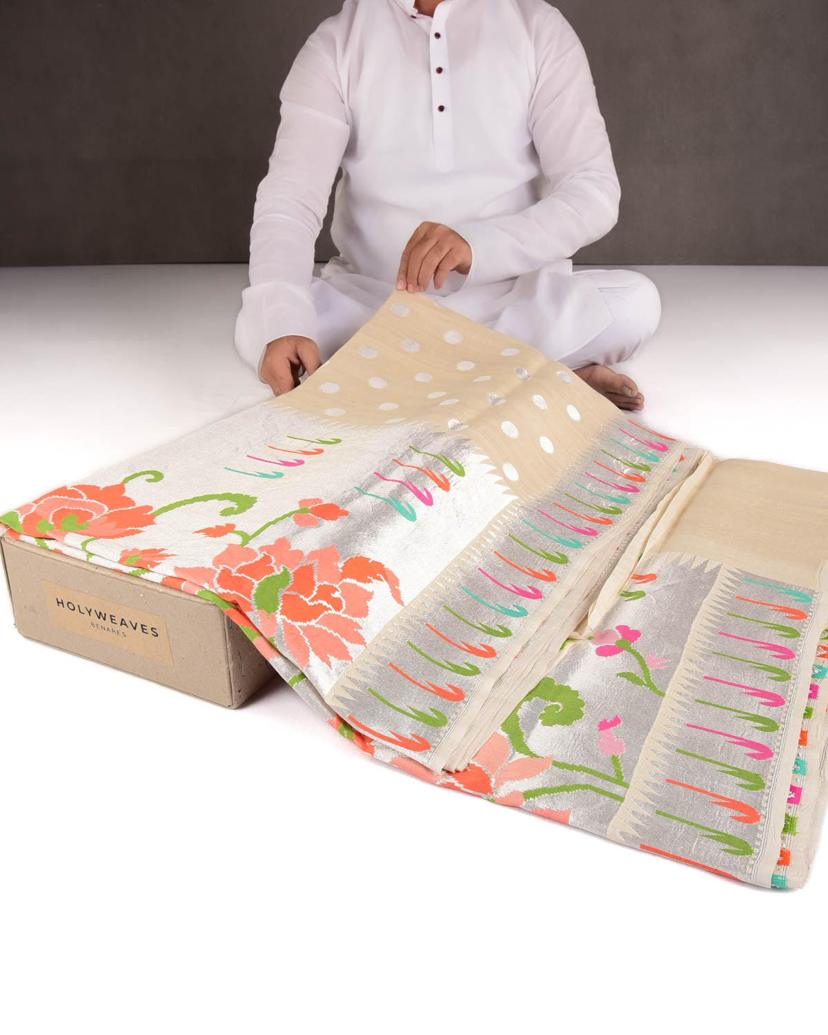 Beige Silver Zari Polka Buti Cutwork Brocade Handwoven Tasar Georgette Banarasi Saree with Meenekari Chhadi Border Pallu-HolyWeaves