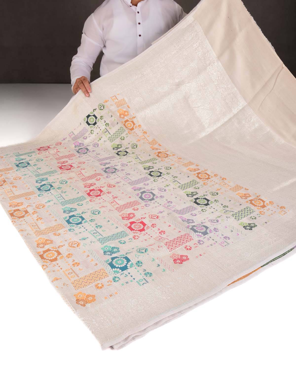 Beige Silver Zari & Resham Grids Cutwork Brocade Handwoven Tasar Georgette Banarasi Saree-HolyWeaves