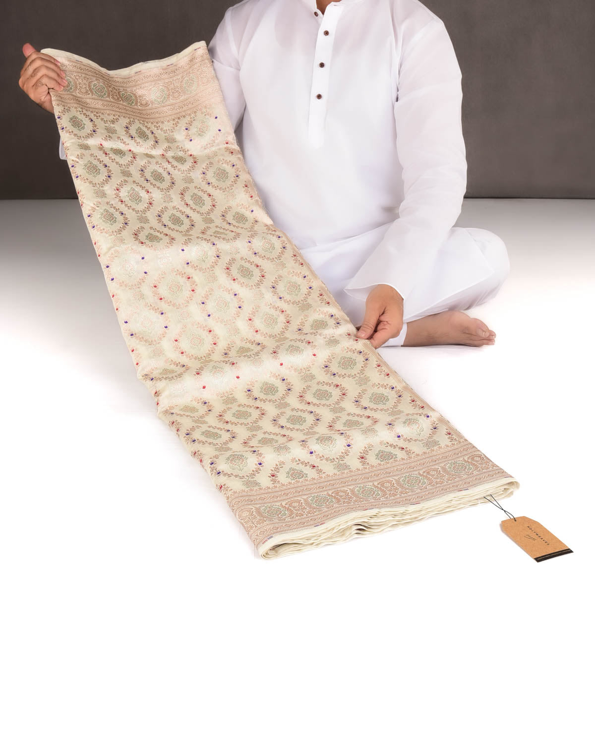 Ivory White Gold & Silver Zari with Meenekari Cutwork Brocade Woven Spun Silk Banarasi Saree