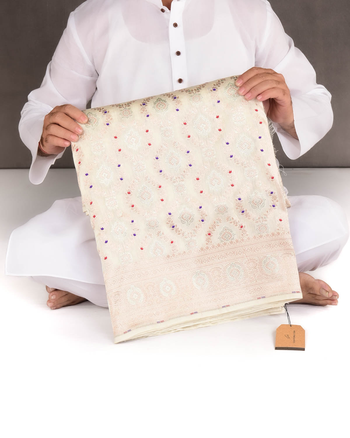 Ivory White Gold & Silver Zari with Meenekari Cutwork Brocade Woven Spun Silk Banarasi Saree