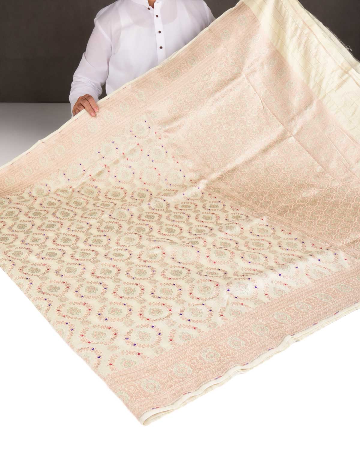 Ivory White Gold & Silver Zari with Meenekari Cutwork Brocade Woven Spun Silk Banarasi Saree