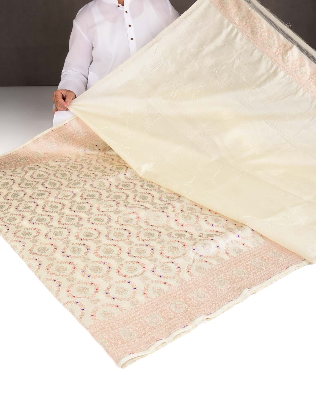 Ivory White Gold & Silver Zari with Meenekari Cutwork Brocade Woven Spun Silk Banarasi Saree