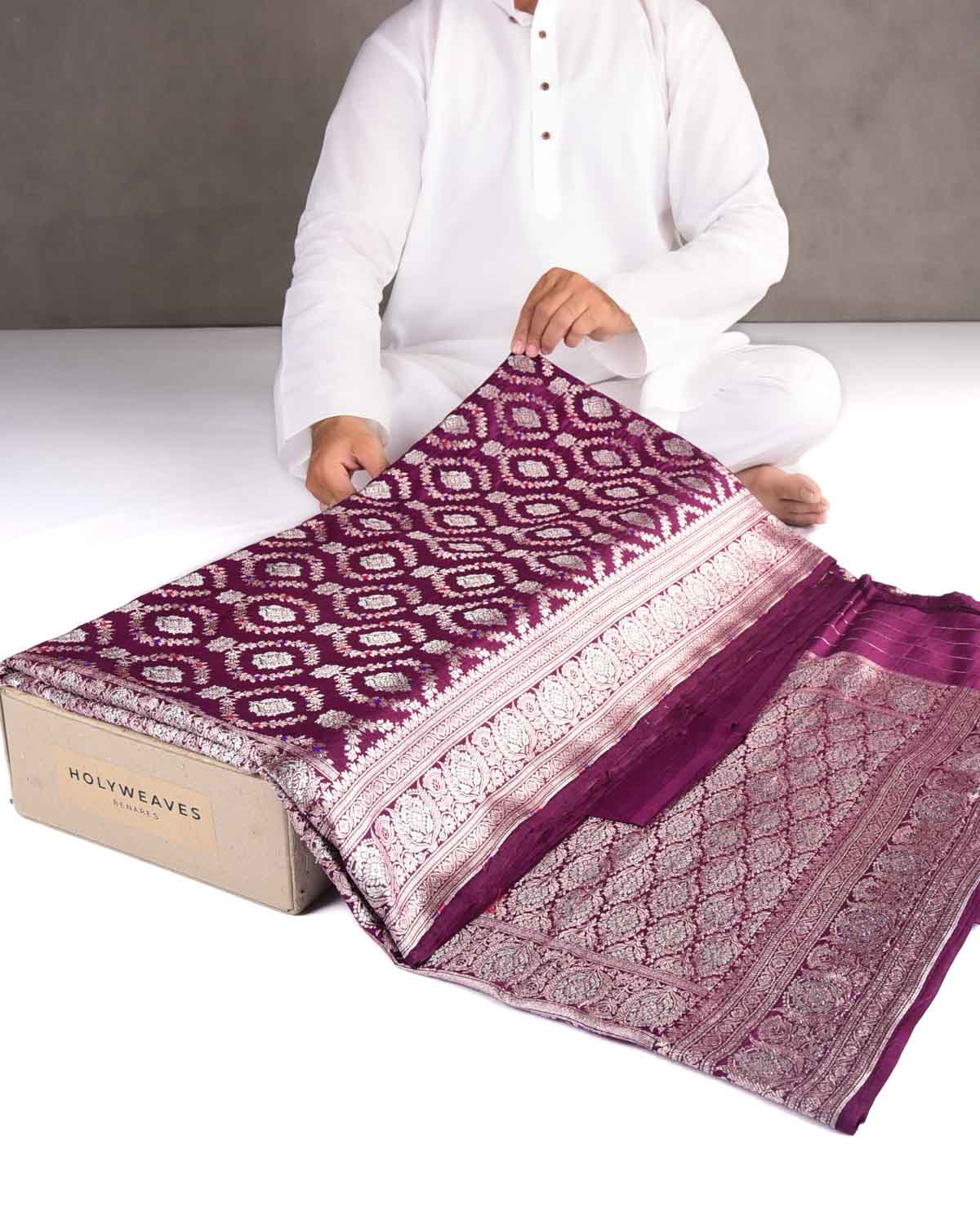 Purple Gold & Silver Zari with Meenekari Cutwork Brocade Woven Spun Silk Banarasi Saree