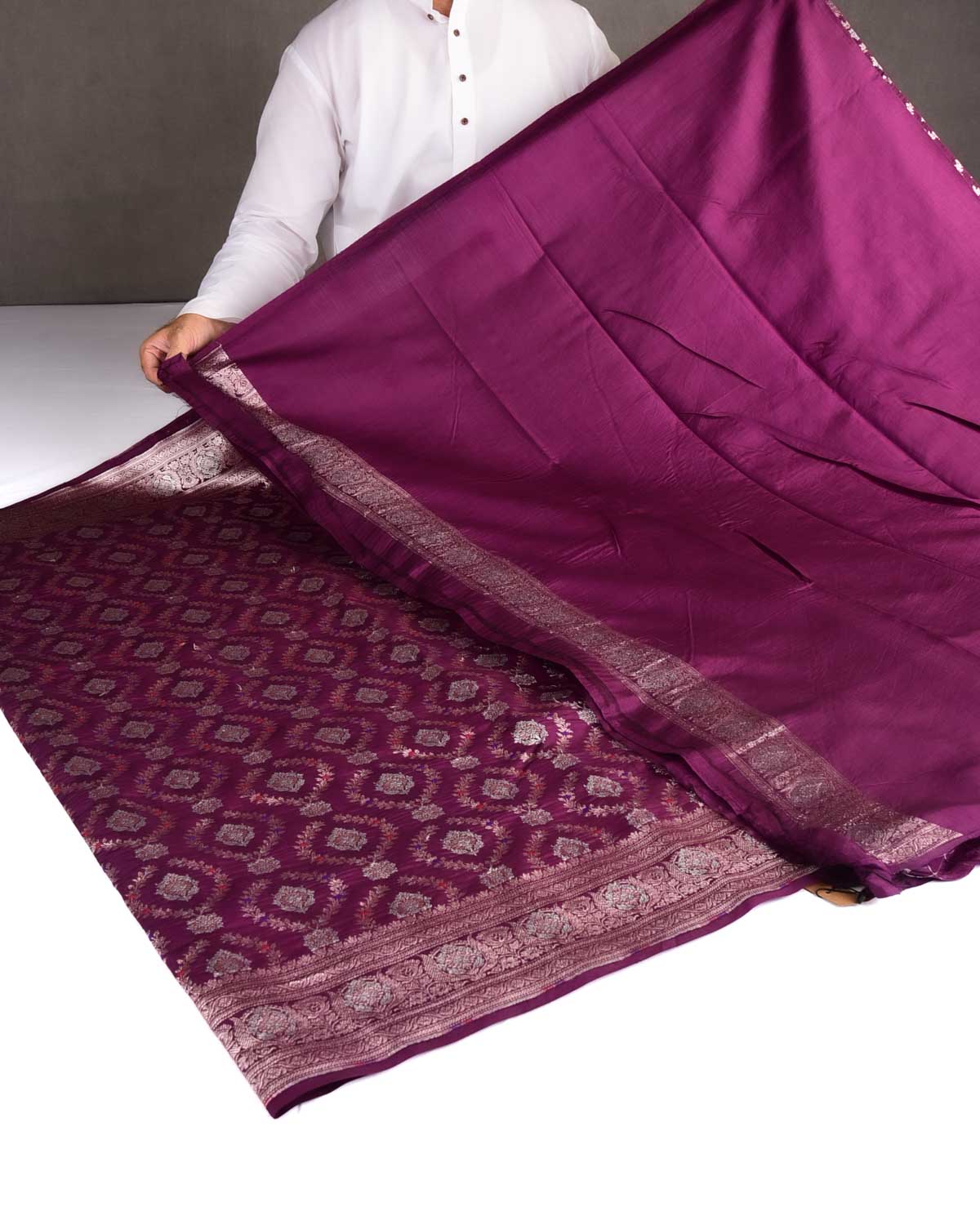 Purple Gold & Silver Zari with Meenekari Cutwork Brocade Woven Spun Silk Banarasi Saree