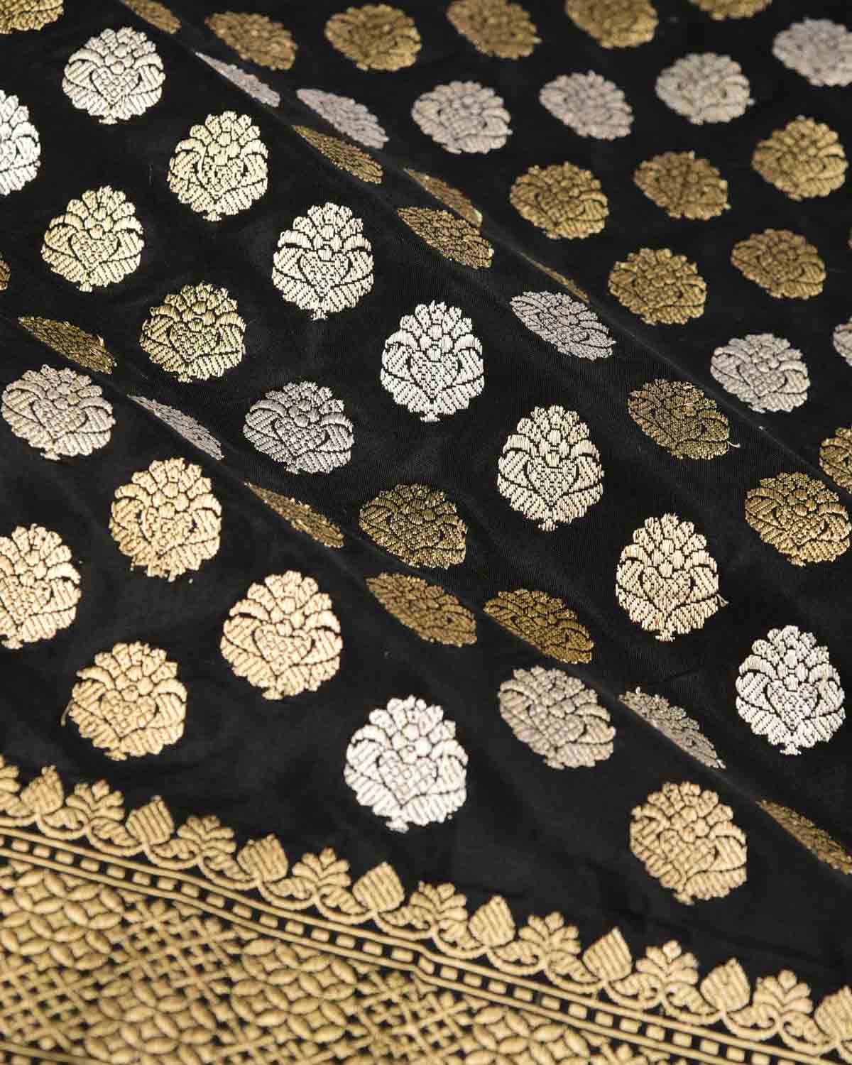 Black Gold & Silver Zari Kadhuan Brocade Handwoven Katan Silk Banarasi Saree-HolyWeaves