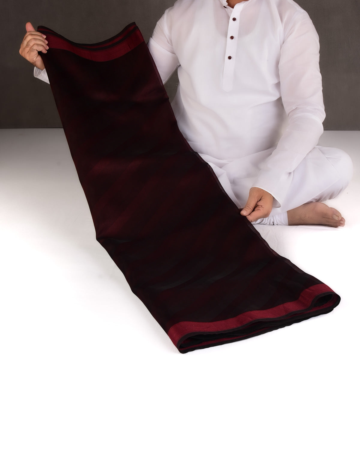 Burgundy Diagonal Stripes WATERMARK Tanchoi Handwoven Kora Silk Banarasi Saree-HolyWeaves