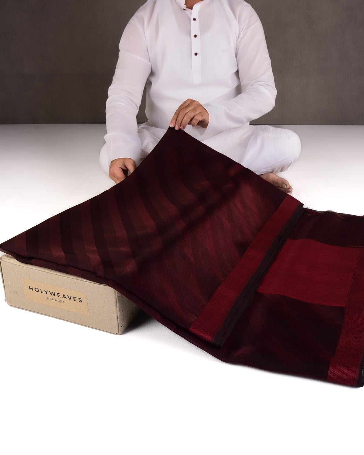 Burgundy Diagonal Stripes WATERMARK Tanchoi Handwoven Kora Silk Banarasi Saree-HolyWeaves