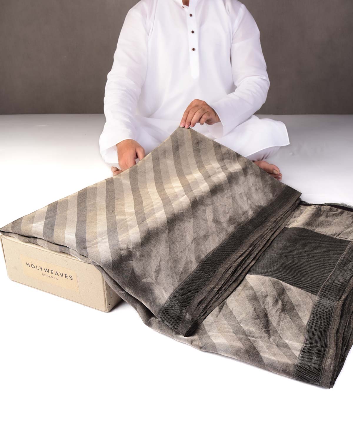 Metallic Silver Gray WATERMARK Diagonal Stripes Tanchoi Handwoven Kora Silk Banarasi Saree-HolyWeaves